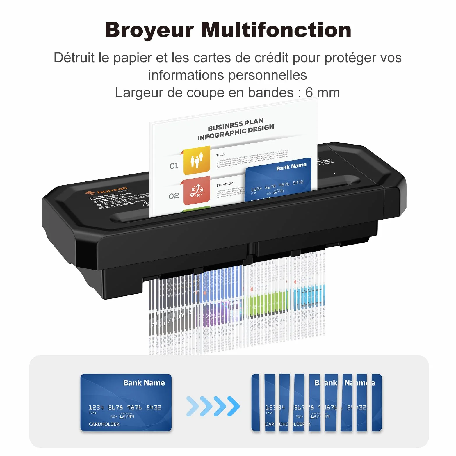 Bonsaii Destructeur de Documents 6 Feuilles Niveau Sécurité P-2 Portable Poignée Rétractable S125-A