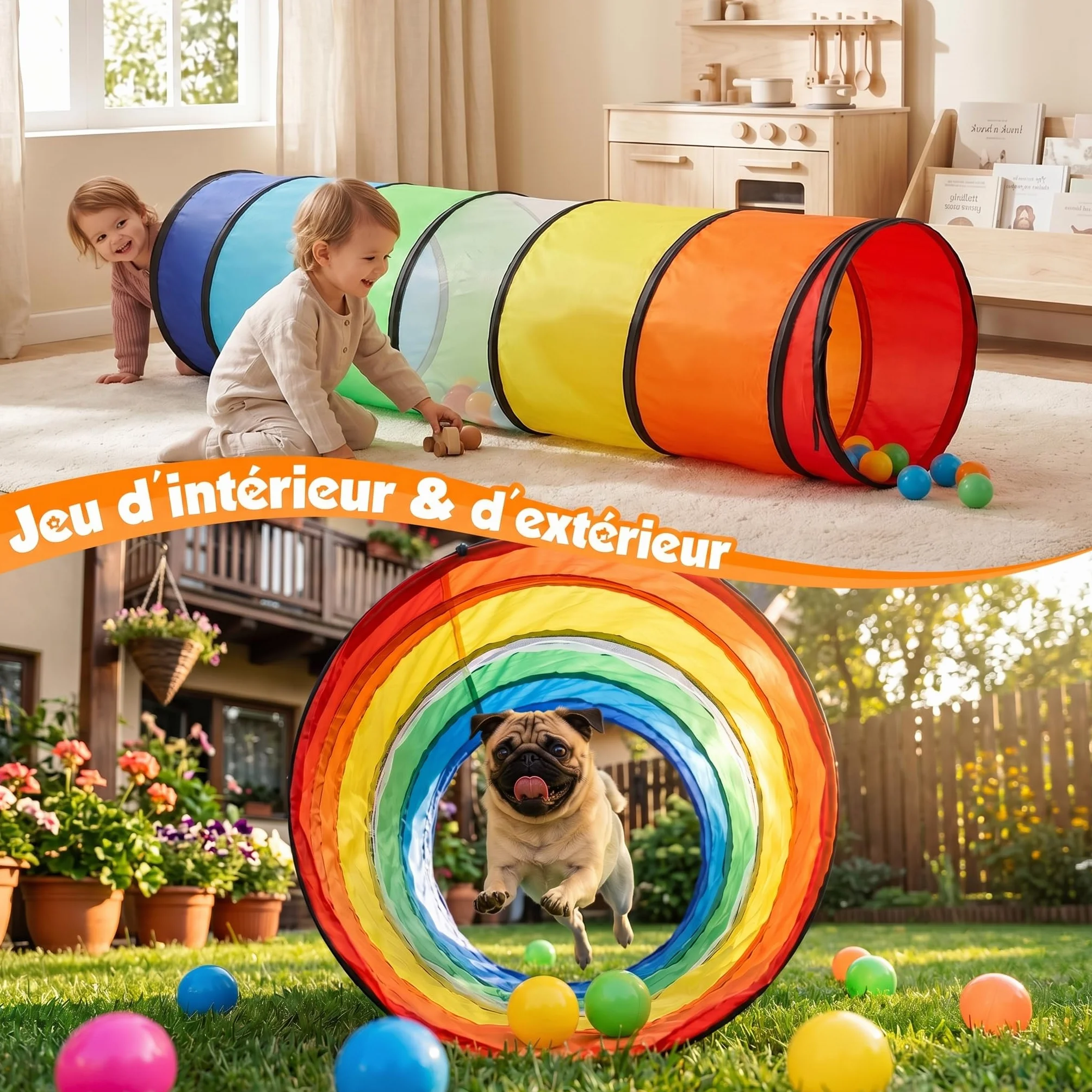 Tente de Jeux Tunnel Enfant 180 cm - Pliable Pop-up Exterieur Interieur avec Côtés en Maille - Parcours Motricité Bébé Cadeau