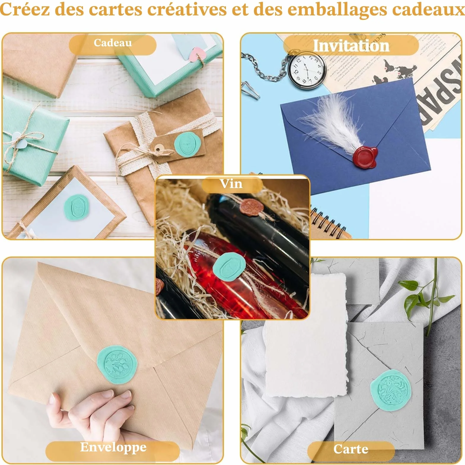 Kit de cachets en cire classiques avec manche en bois, lot de 10