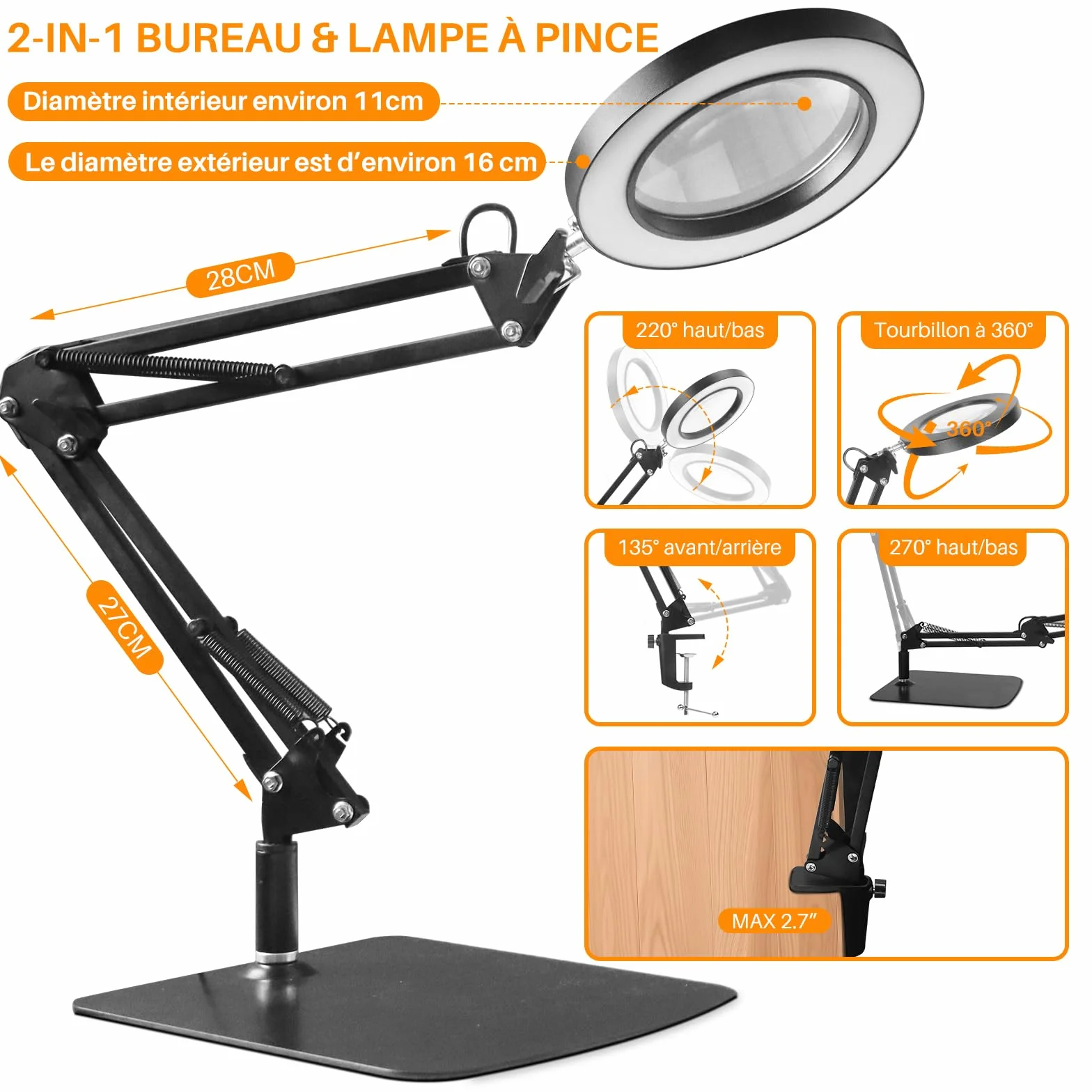 OKSANO Lampe Loupe 10X LED Bureau 3 Couleurs 10 Luminosité Lecture Réparation Artisanat