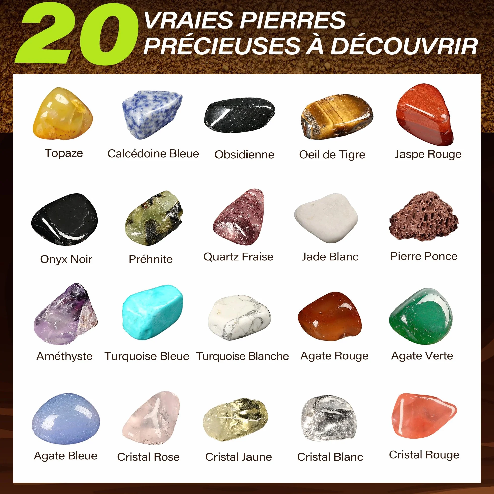 LotFancy Kit de Fouille de Pierres Précieuses - 20 Vraies Gemmes, Kit Scientifique pour Enfants 6-10 Ans, Cadeau Garçons Filles