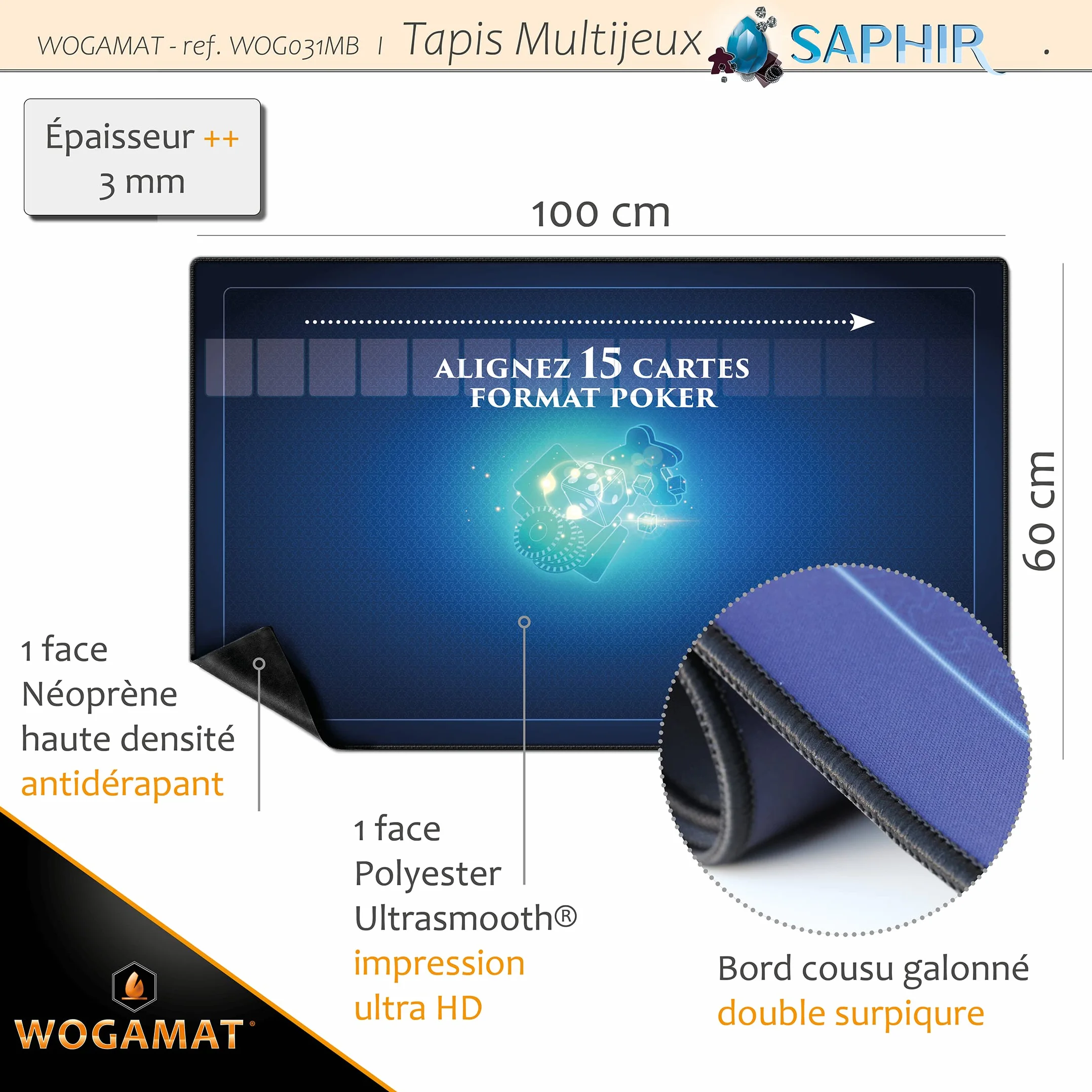 Tapis MULTIJEUX Saphir Bleu 60x100 cm - Tapis de Jeux de Cartes, Plateau, Dés - Antidérapant, Silencieux, Épais, Lavable