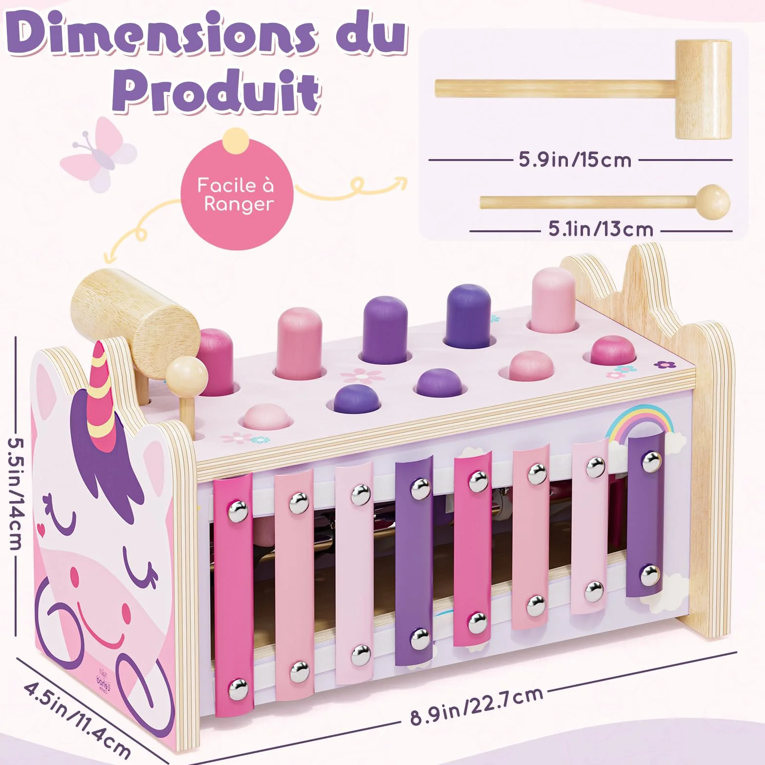 Jouets Montessori 1 An Bébés Jouet en Bois avec Xylophone et Marteaux Filles Jouets d'Éveil Motricité Cadeaux Éducatifs 1-3 Ans