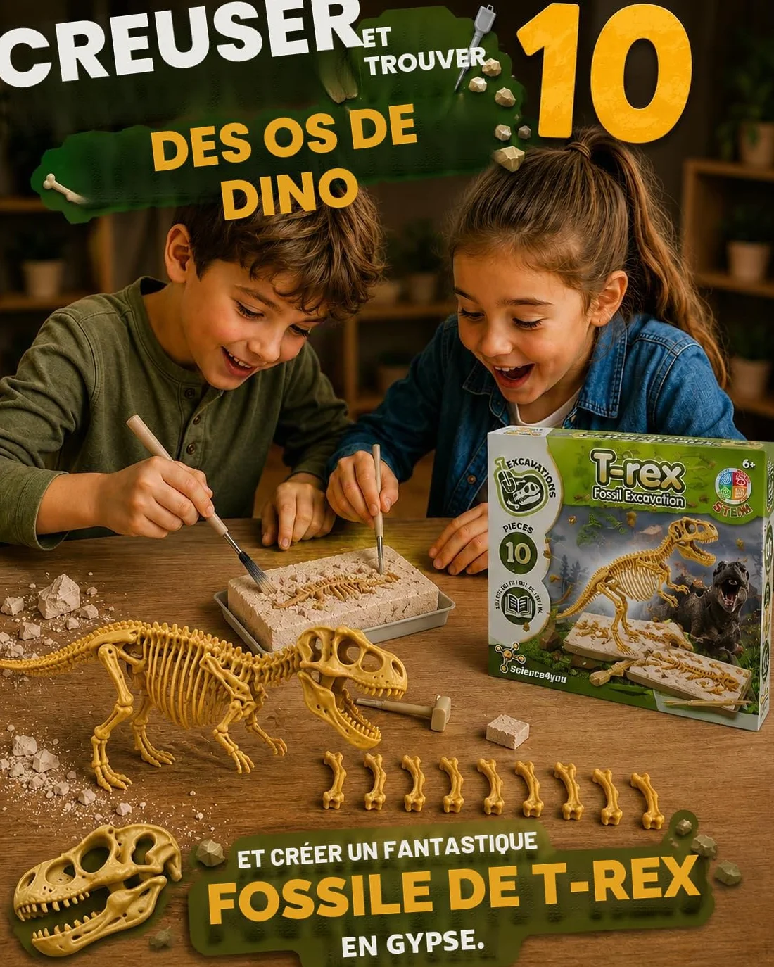 Science4you Dinosaure T-Rex Kit de Fouille pour Enfants +6 Ans - Excaver et Assembler Fossiles, Jeu d'Archéologie