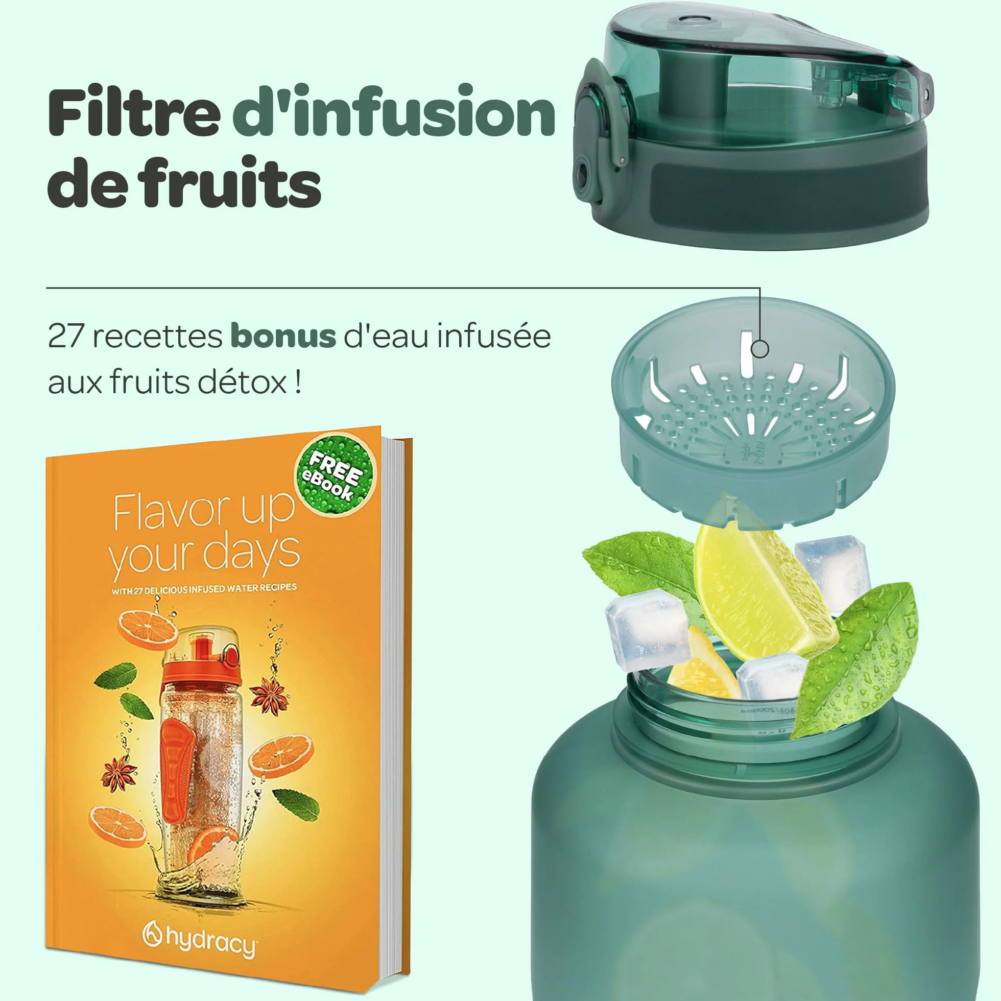 Hydracy Bouteille d'Eau 2L sans BPA avec Marqueur de Temps, Infuseur, Verrouillage Sécurisé, Housse Néoprène, Étanche, Anti-Fuite, Réutilisable, Légère