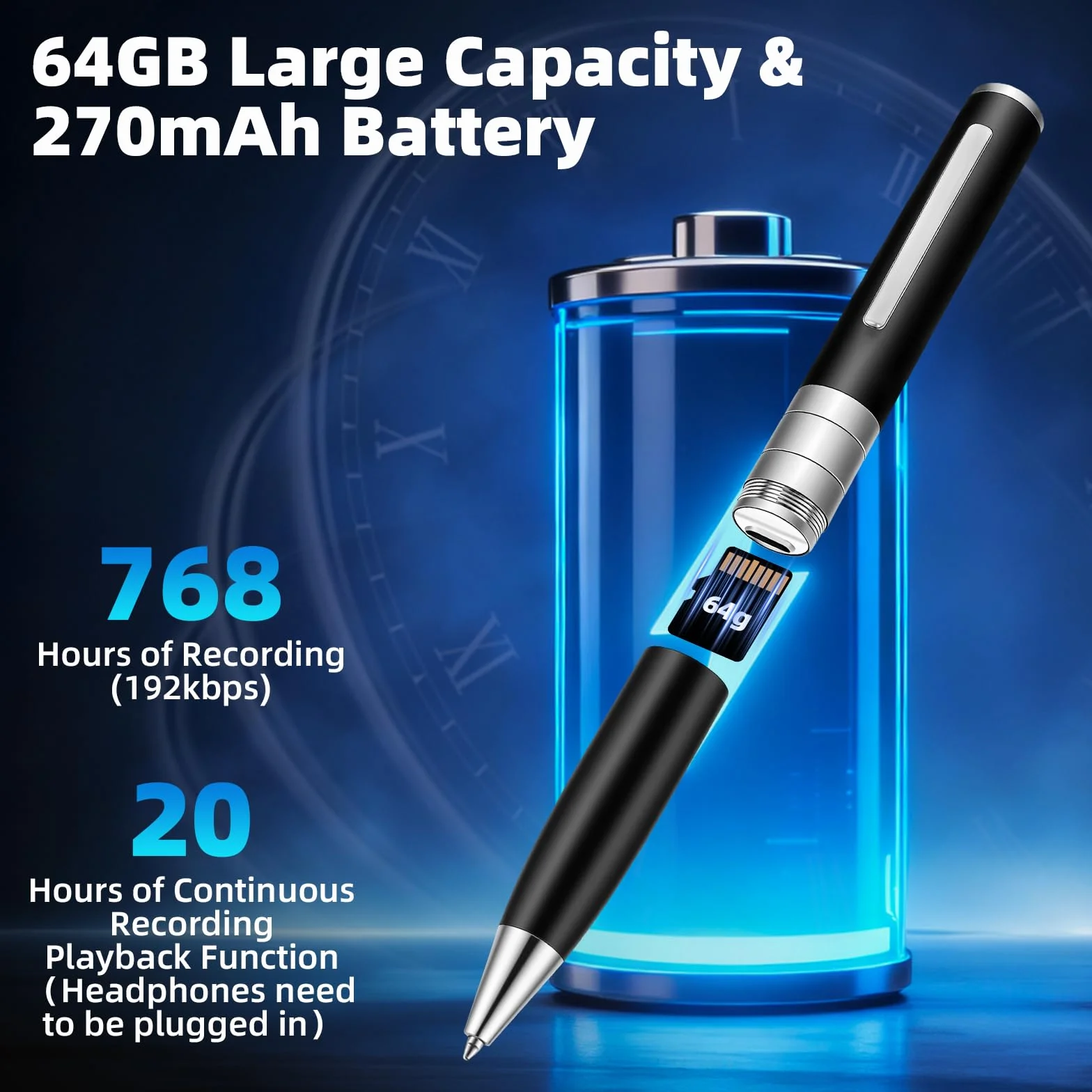 Enregistreur Vocal 64 Go Automatique Continu Activation Rotative Audio Invisible Cours Réunions Entretiens