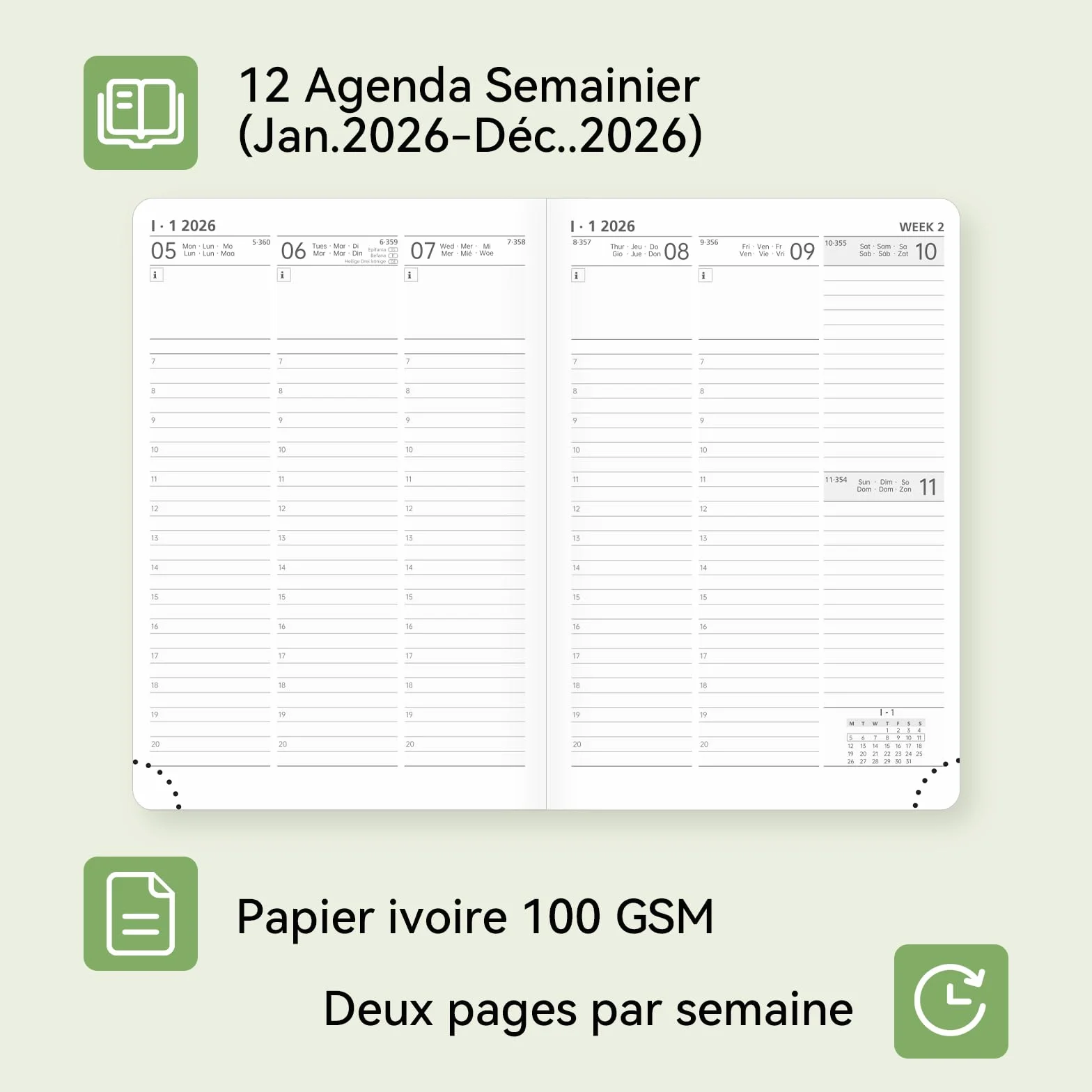 Agenda semainier 2026 A4 28,6 x 21 cm Couverture rigide 12 mois Janvier à Décembre