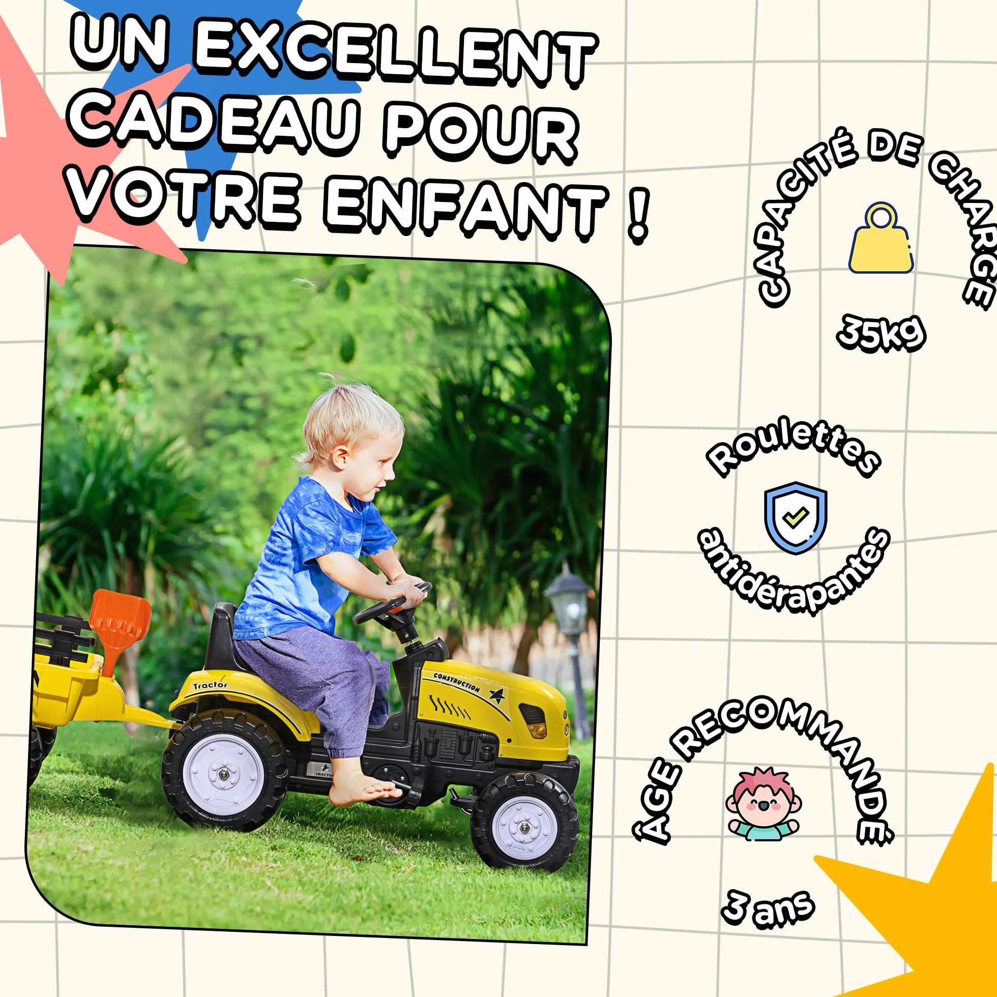 HOMCOM Tracteur à pédales 6 Roues avec remorque, râteau et pelle, Charge 35 kg, pour 3+ Ans, Jaune