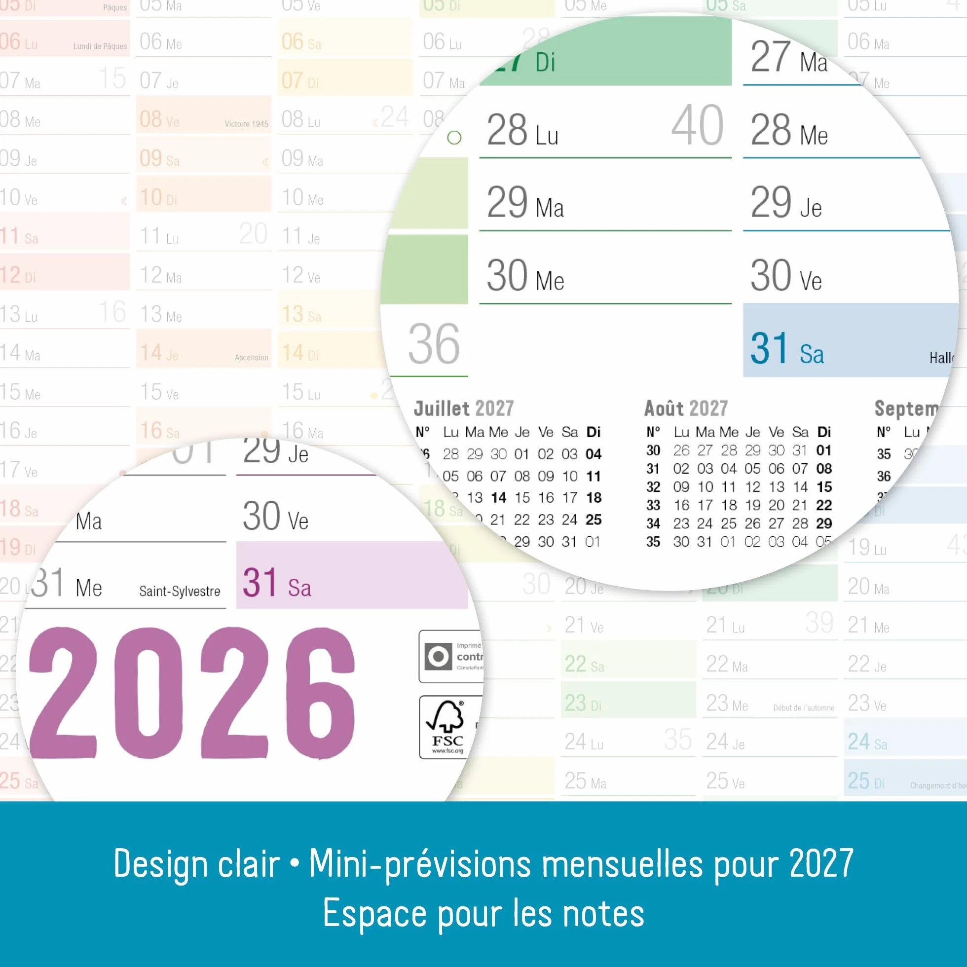 Calendrier mural 2026 A2 français 14 mois déc 2025 jan 2027 jours fériés France