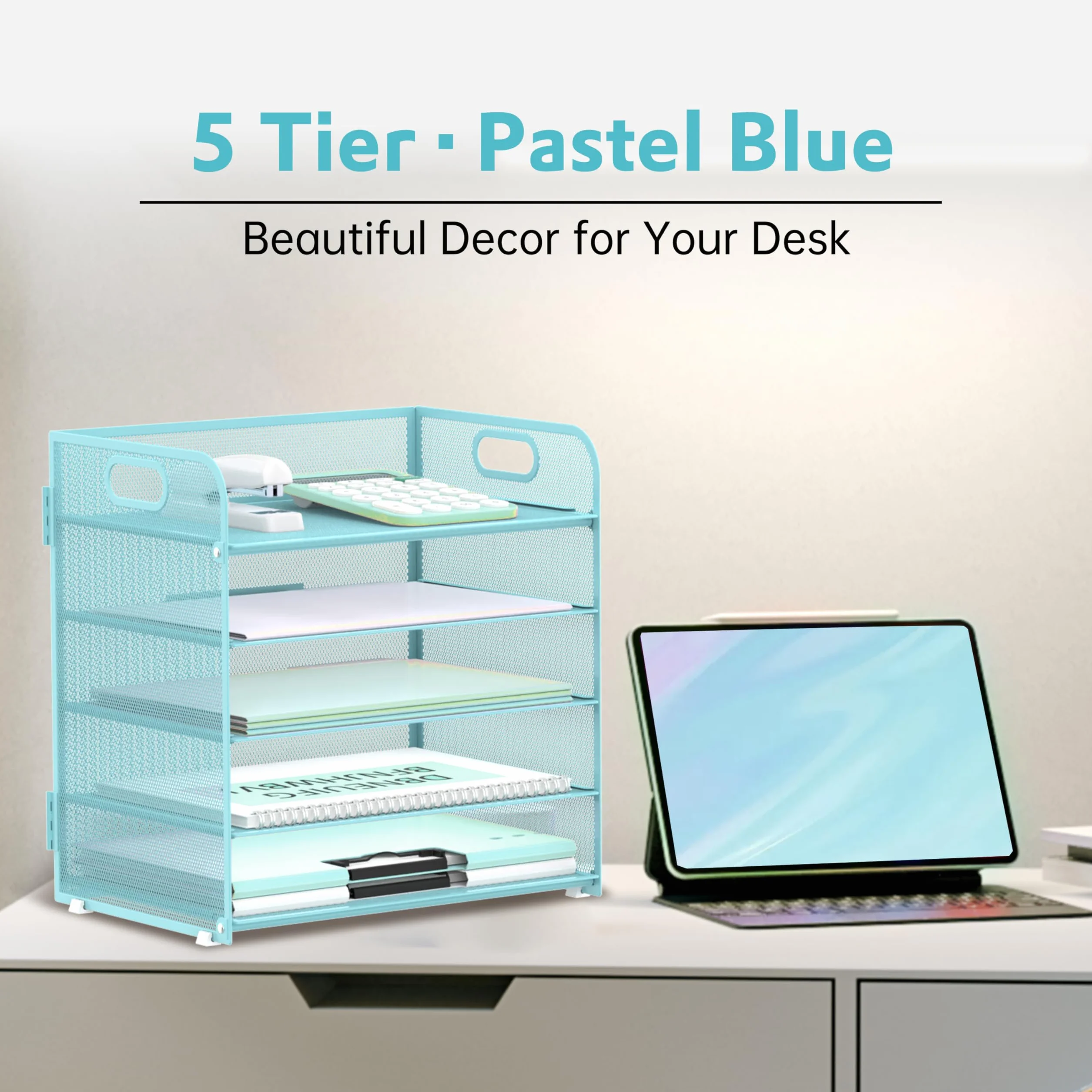 Lot de 5 plateaux de rangement en papier avec poignée en maille bleu clair pour bureau