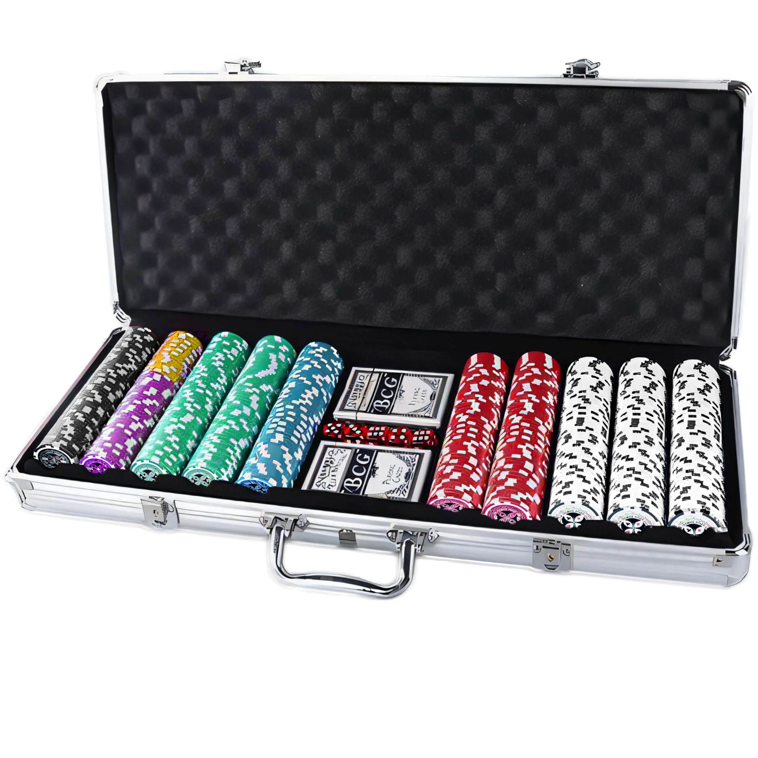 Retoo Mallette de poker 500 jetons dans un coffret en aluminium - Kit complet de poker avec 2 jeux de cartes, 5 dés, 3 boutons de croupier - Parfait pour le Texas Hold'em, le Blackjack et les soirées