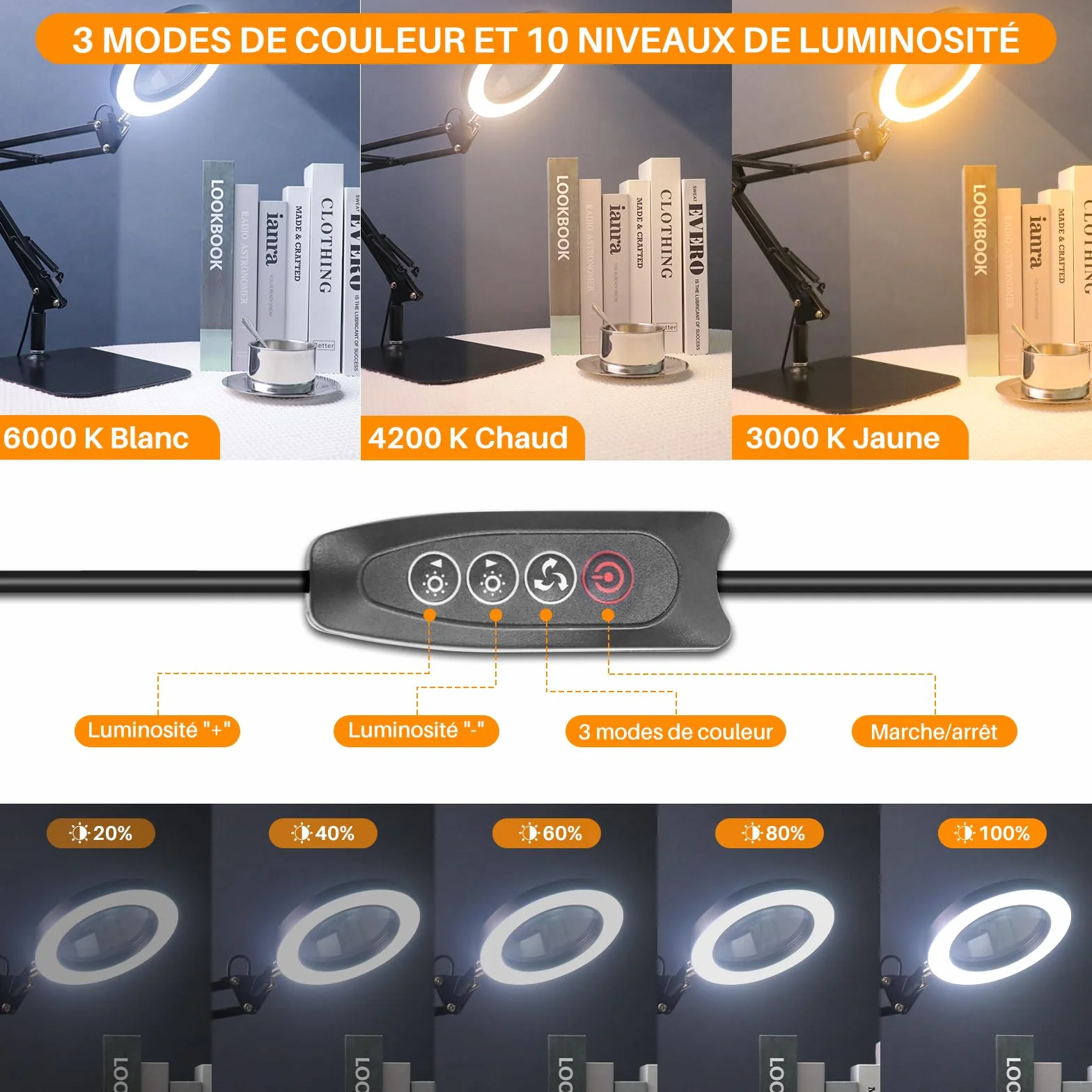 OKSANO Lampe Loupe 10X LED Bureau 3 Couleurs 10 Luminosité Lecture Réparation Artisanat