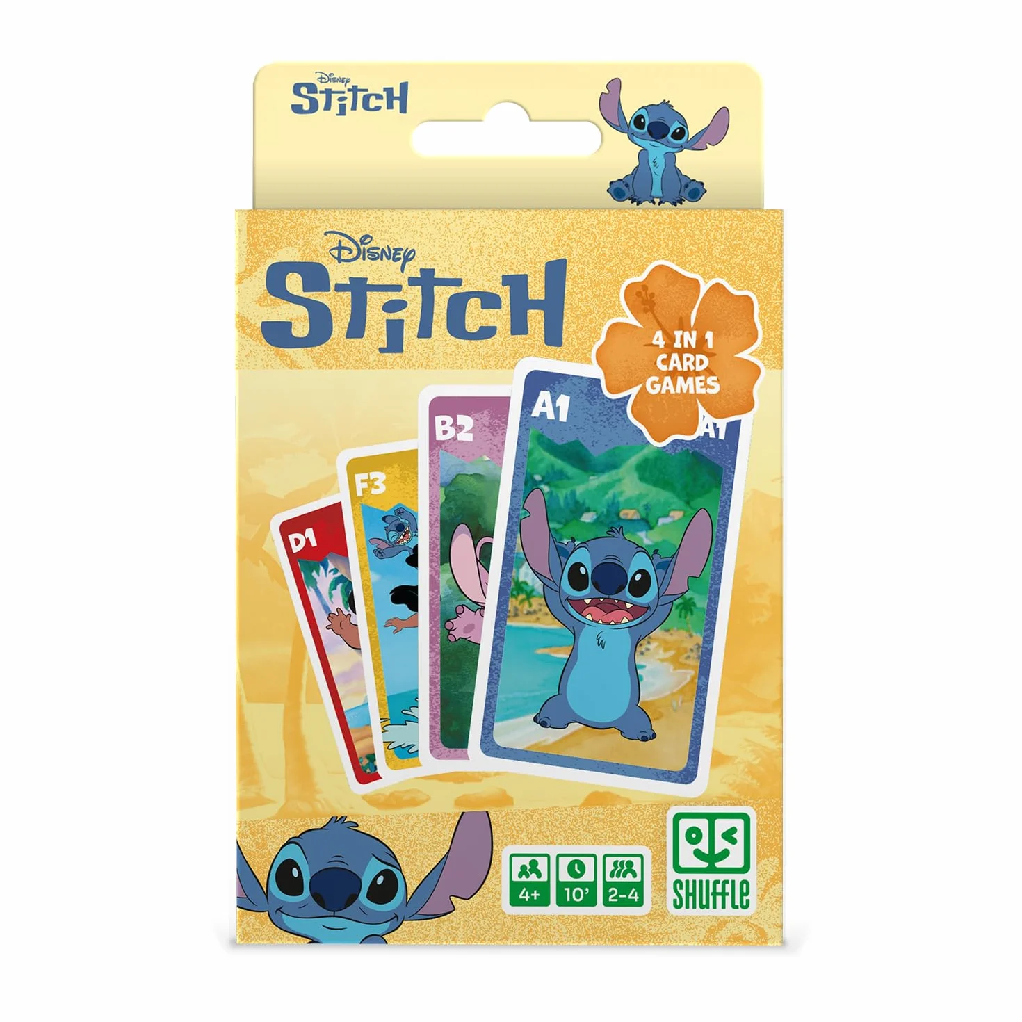 Shuffle Jeu de Cartes 4 en 1 Stitch - 7 Familles, Bataille, Mémo et Action - Disney Lilo & Stitch pour Enfants dès 4 Ans