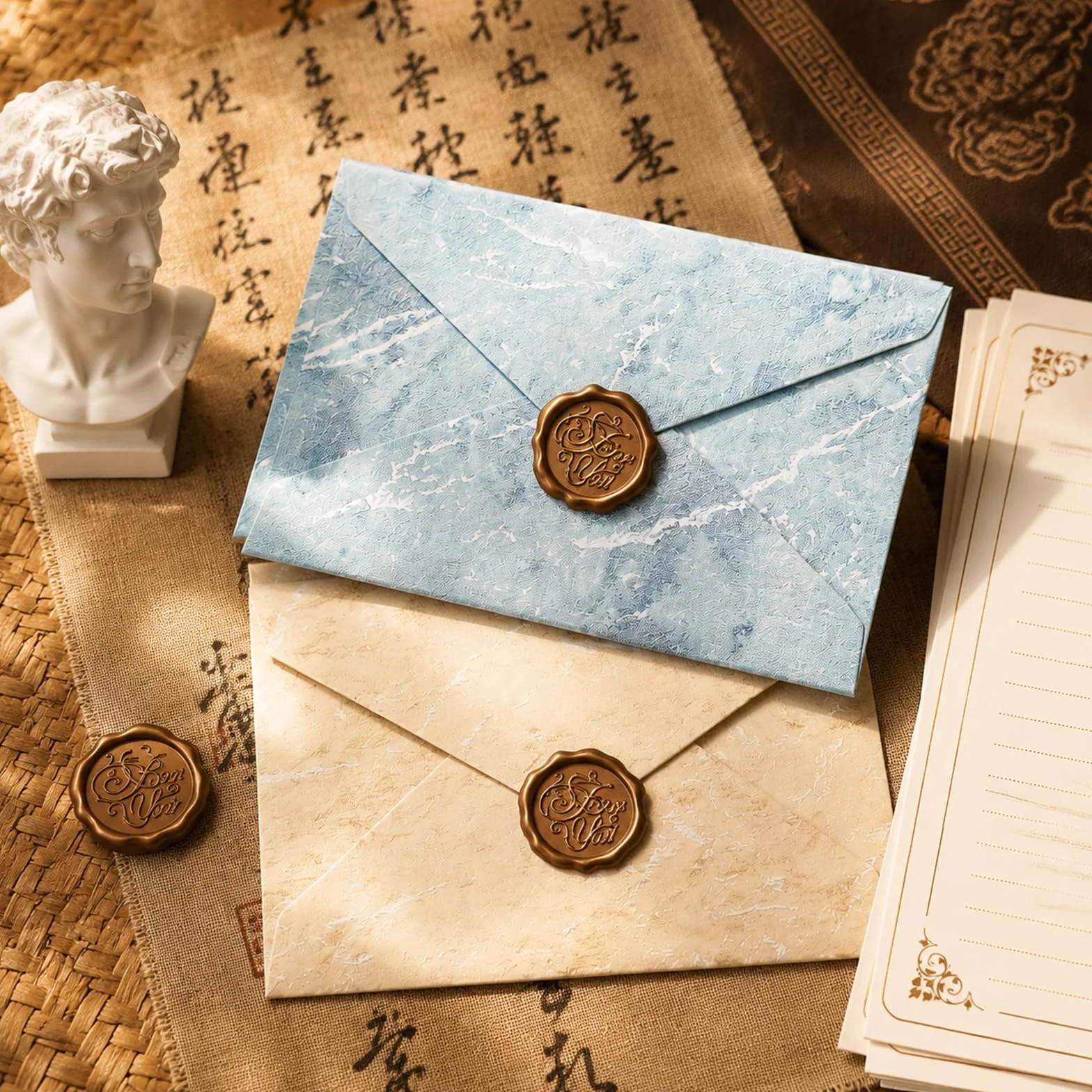 Ensemble de Papeterie Vintage avec Papier à Lettre, Enveloppes, et Autocollants Sceau de Cire