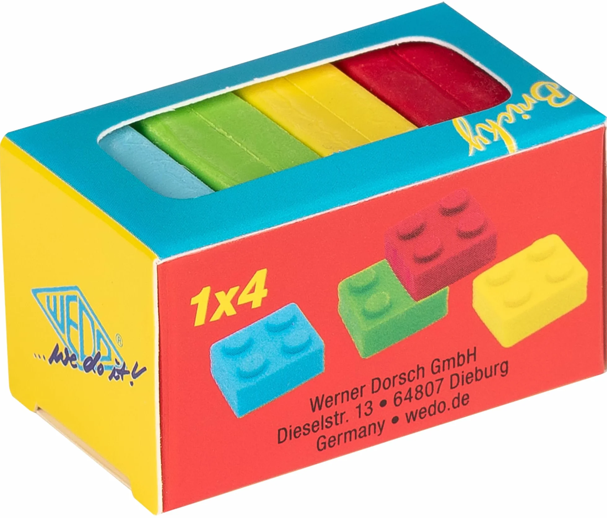 WEDO Bricky 4 gommes en forme de blocs de construction plastique PVC 2,5 x 2,5 x 1,3 cm
