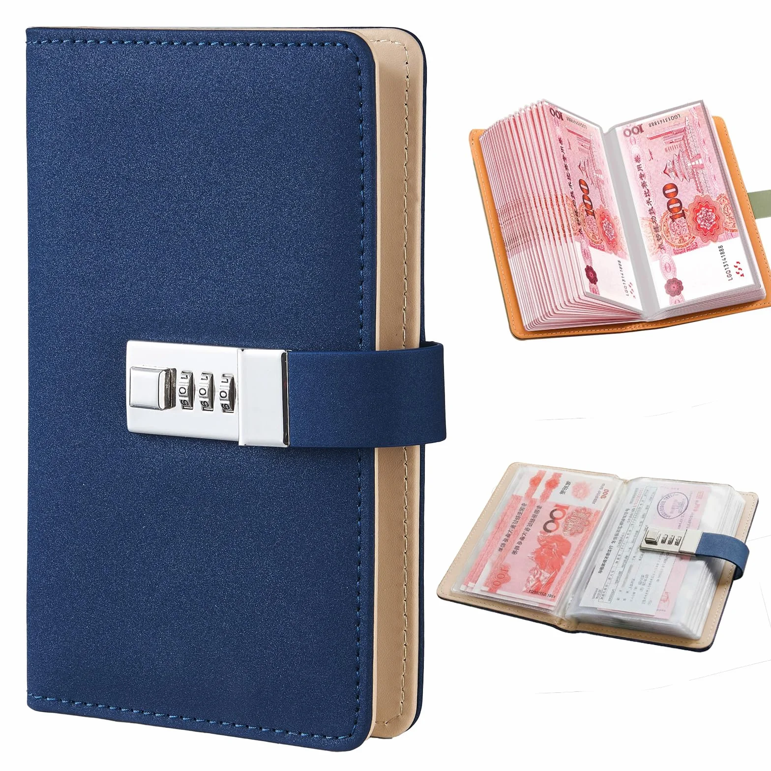 Classeur Budget A6 avec Serrure à Code, Pochette PVC 100, Planner Français, Petit Carnet en Pu Cuir, Password Pochette Monnaie Organisateur Bleu