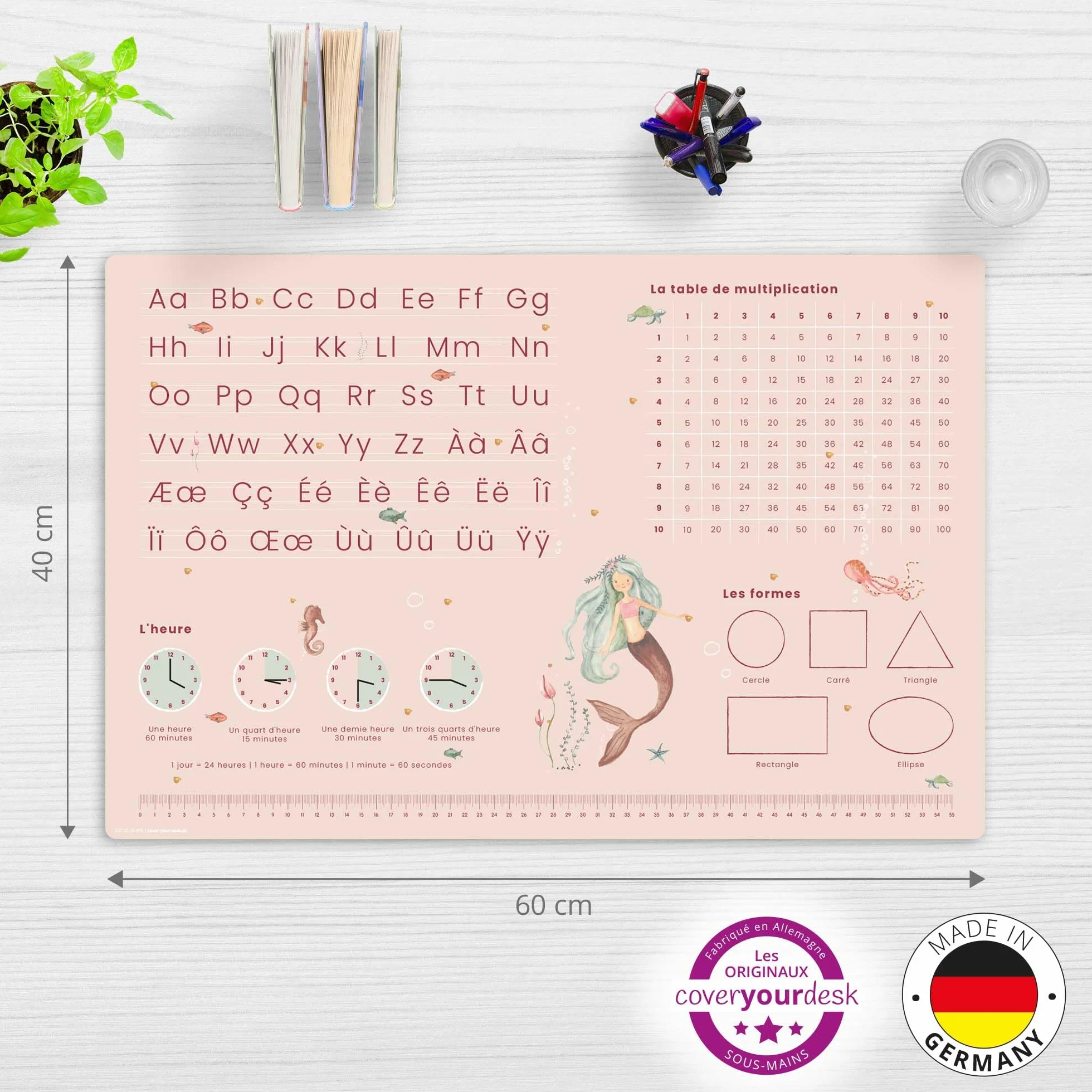 Sous-main pour bureau enfants tapis d'apprentissage français sirène ABC 60 x 40 cm vinyle essuyable Allemagne