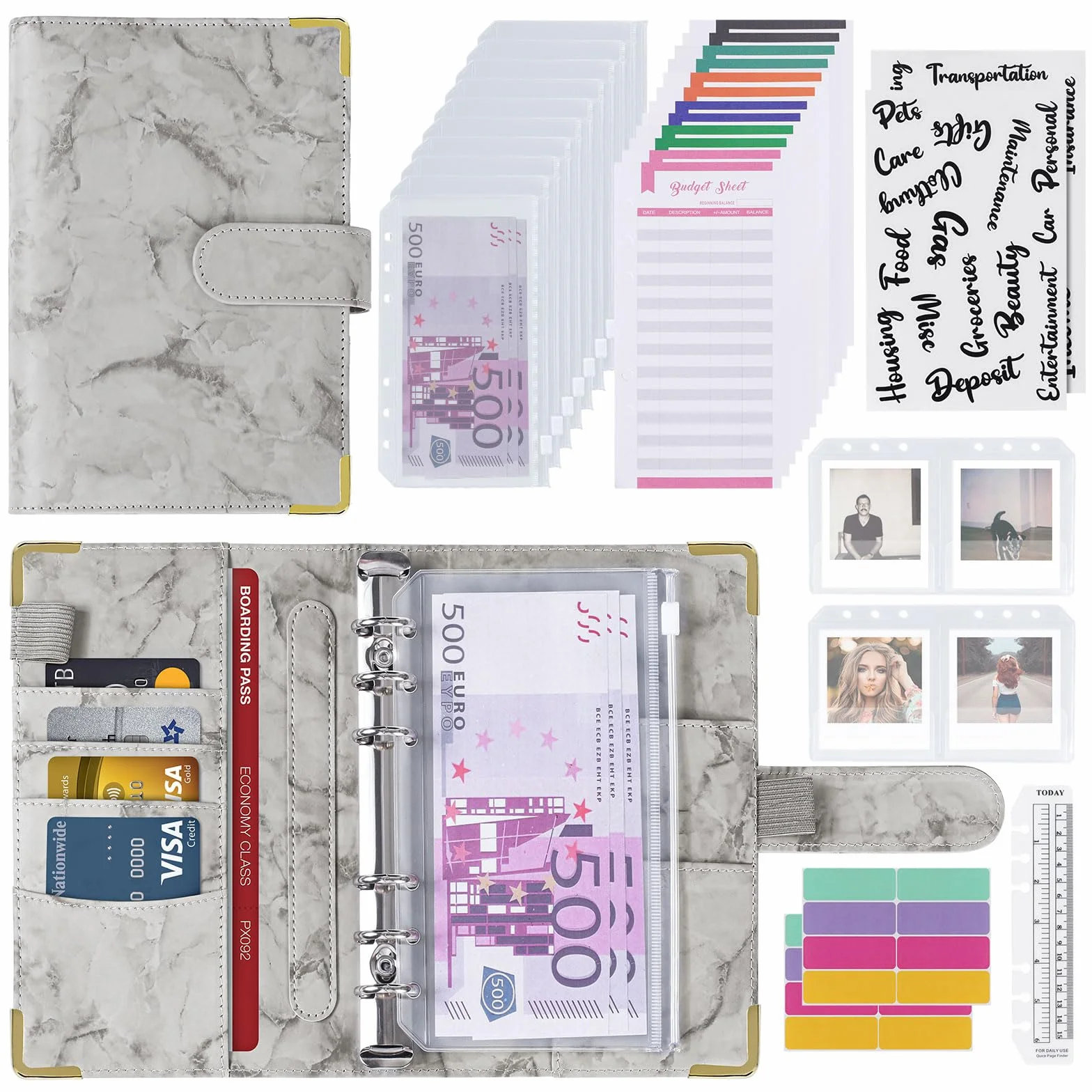 Classeur Budget A6 PU Cuir Carnet avec Pochette Dépenses Organisateur Gris
