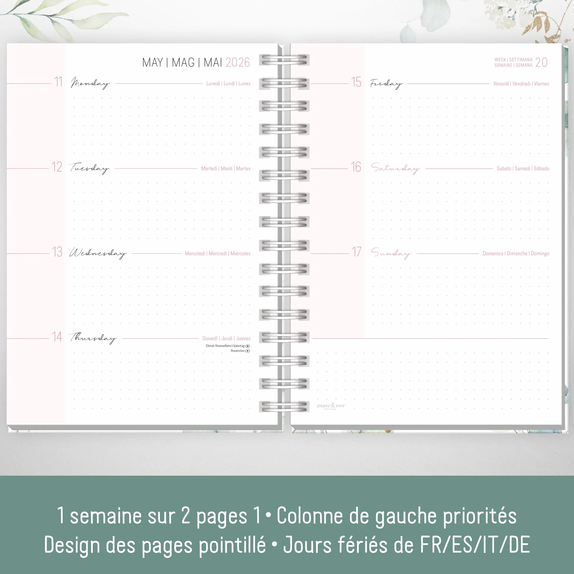 Häfft® Calendrier international 2026 A5 Feuille d´or reliure spirale EN/FR/IT/ES agenda personnel life planner durable