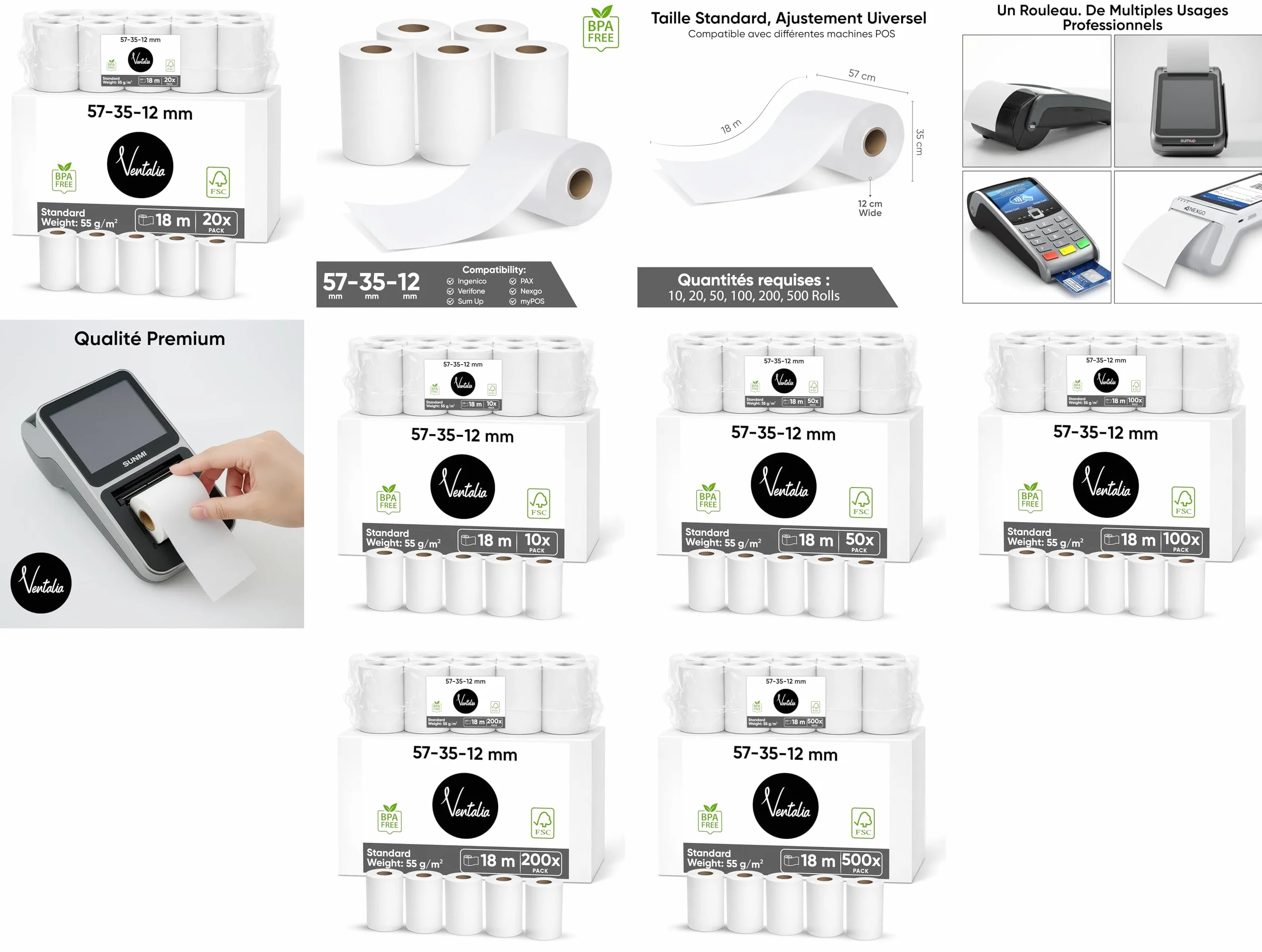 Rouleaux Papier Thermique Sans BPA 57x35x12 mm (18 m) Compatibles Ingenico Verifone SumUp PAX Nexgo myPOS
