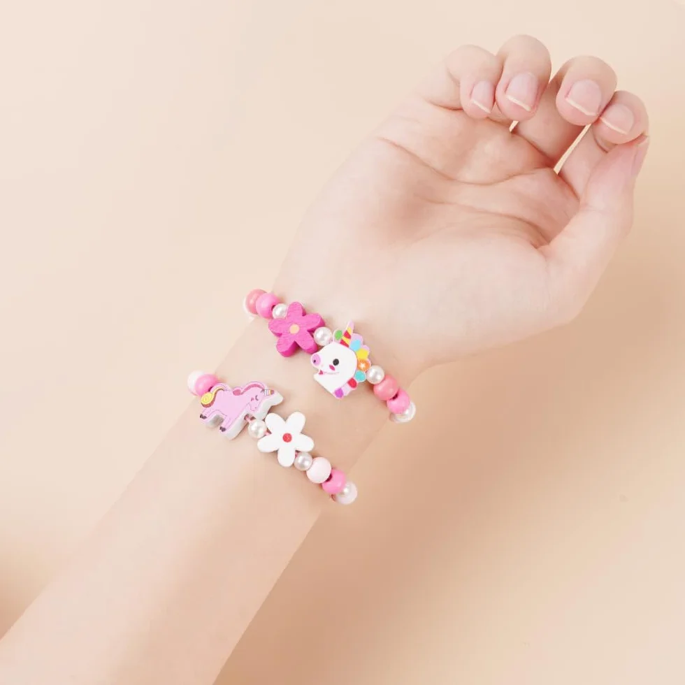Bracelet Enfant Fille Coloré Bois Fleur Coeur Papillon Bijoux Élastique