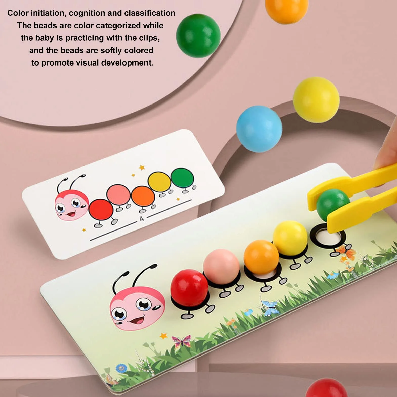 Jouet de Perles à Clip de Chenille en Bois, Exercice de Coordination œil-Main, tri des Couleurs avec Cartes de Pratique et boîte de Rangement pour Enfants