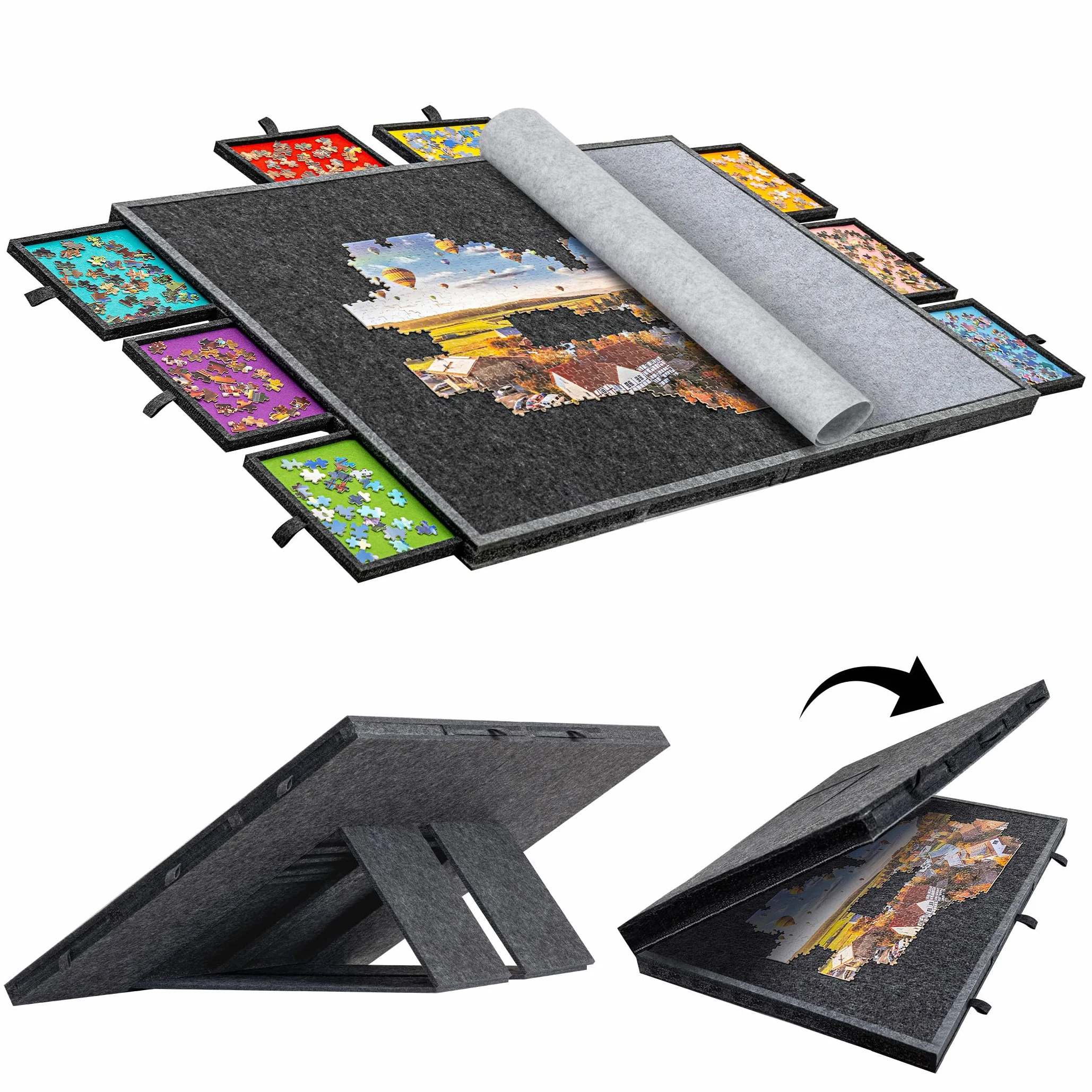 Lot de 2 000 planches à puzzle pliables et inclinables avec 8 tiroirs et couverture, table de puzzle en feutre légère et portable avec supports intégrés pour les réglages d'angle, pour 1000