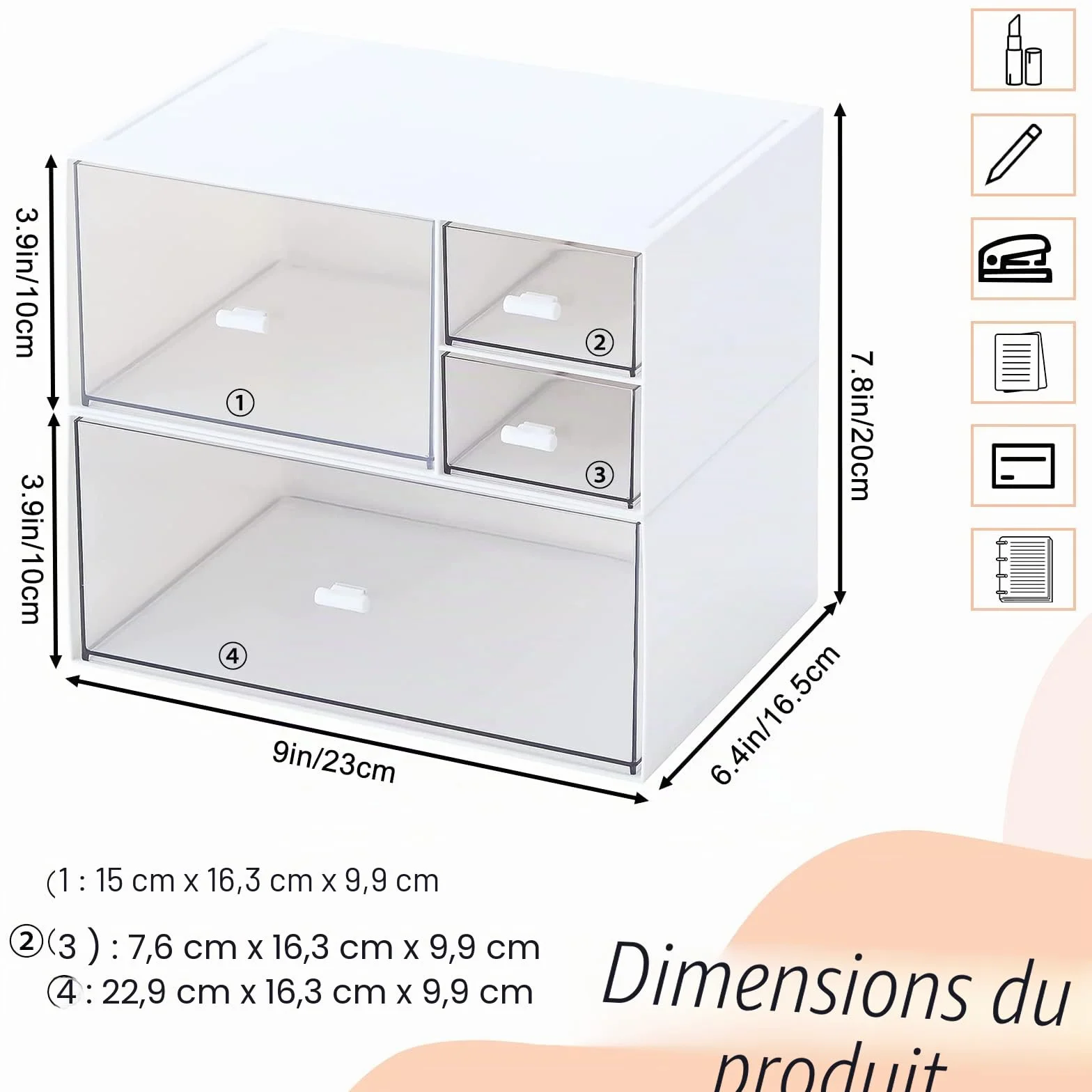 Organiseur de Bureau en Plastique avec Tiroirs, Empilable Grande Capacité, Boîte à Tiroirs pour Fournitures