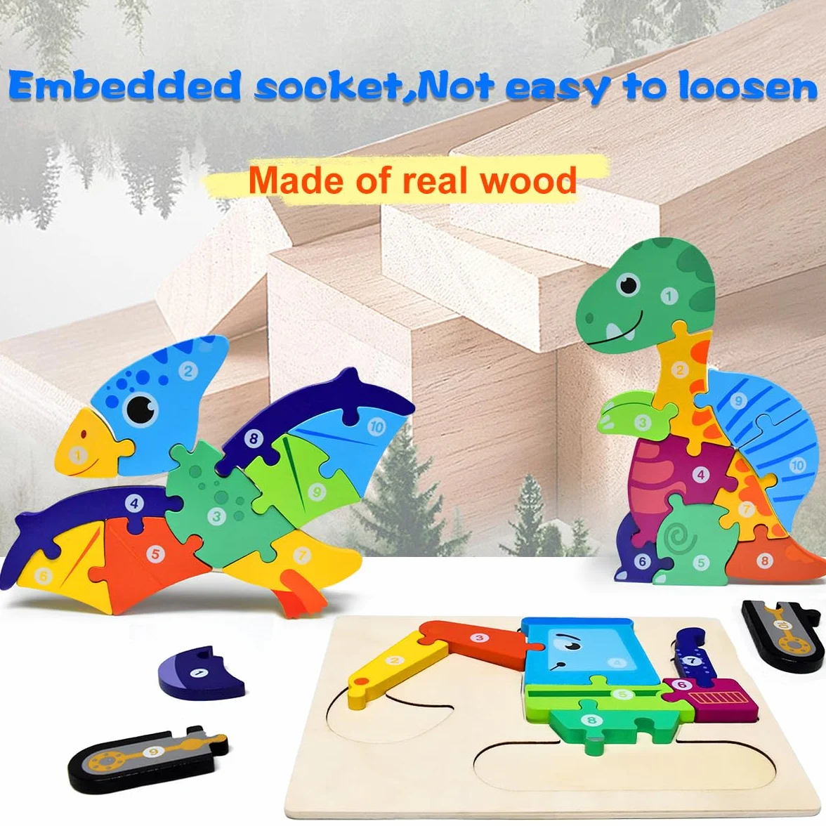 Puzzles en bois Montessori pour enfants 2-4 ans, 4 pièces, cadeau garçons filles dinosaure bateau