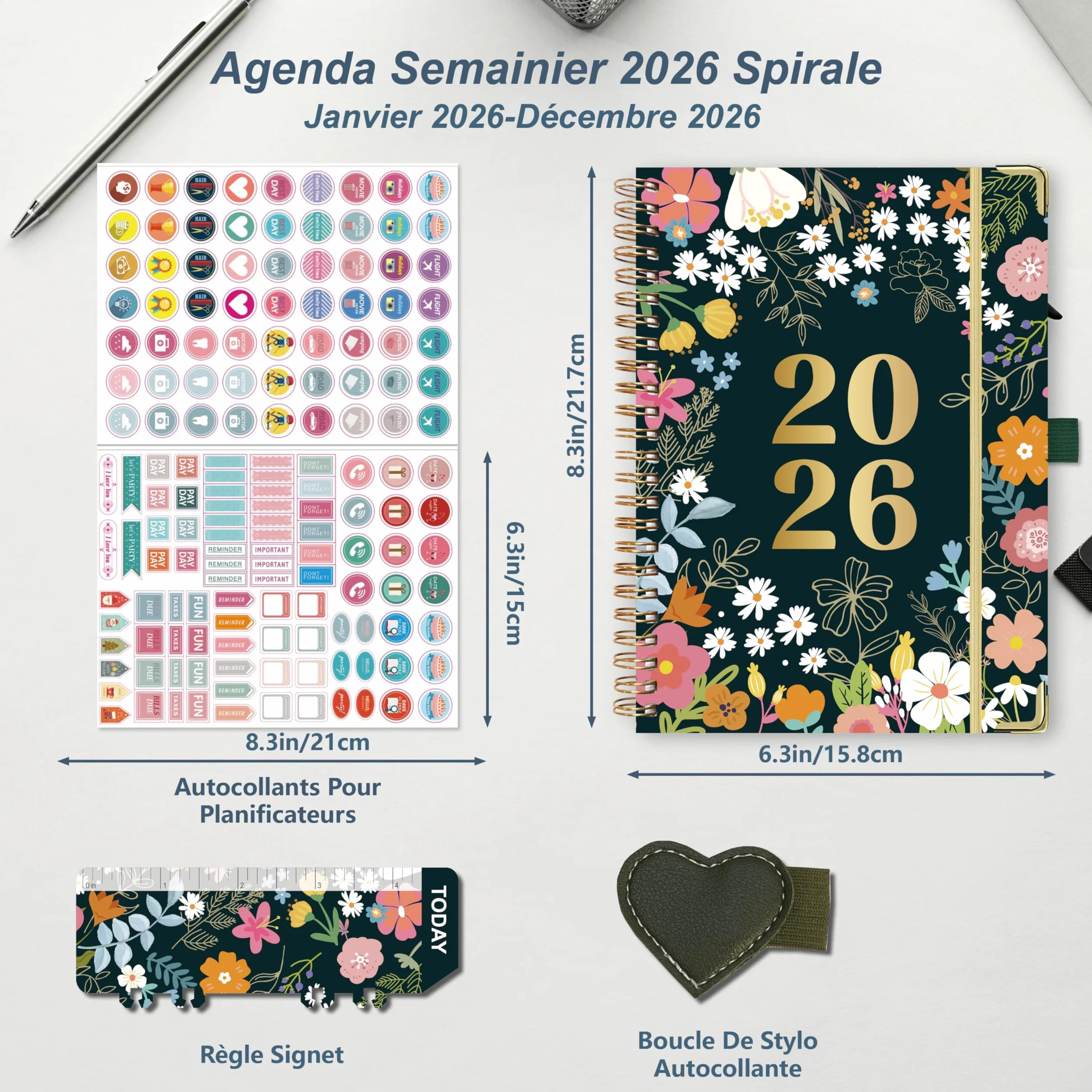 NEYSA Agenda 2026 Semainier Spirale A5 Janvier à Décembre 12 mois avec boucle de stylo, règle signet & autocollants, pochette Rosa