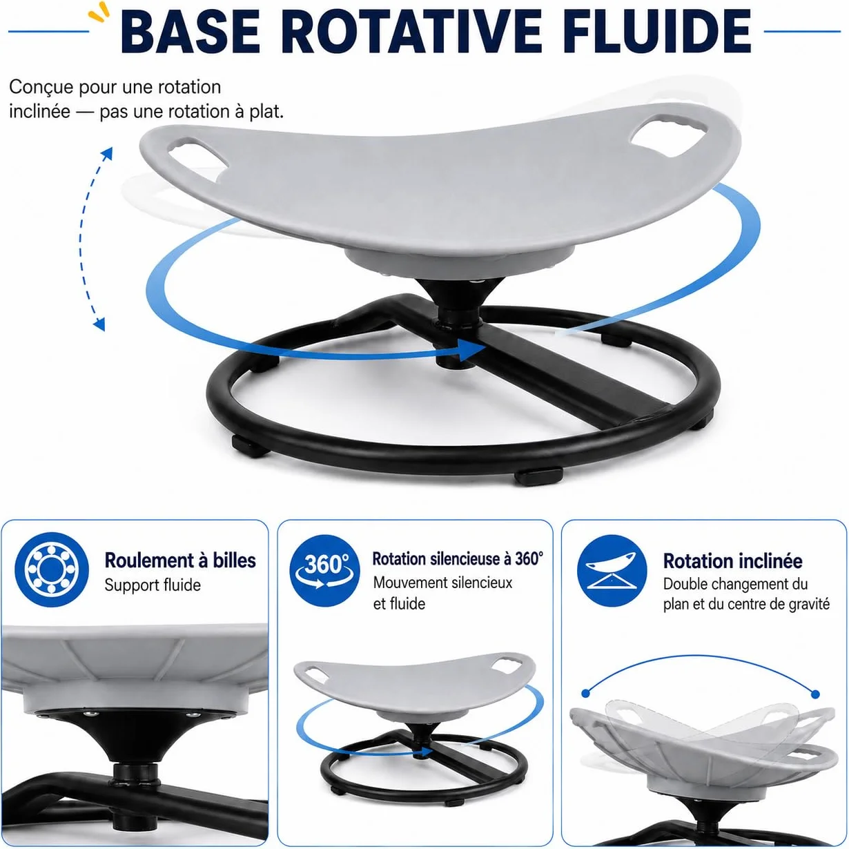 TopHomer Chaise d'équilibre rotative pour enfants – Siège pivotant 360° autisme TDAH, soulagement mal des transports, poignées sécurité base stable