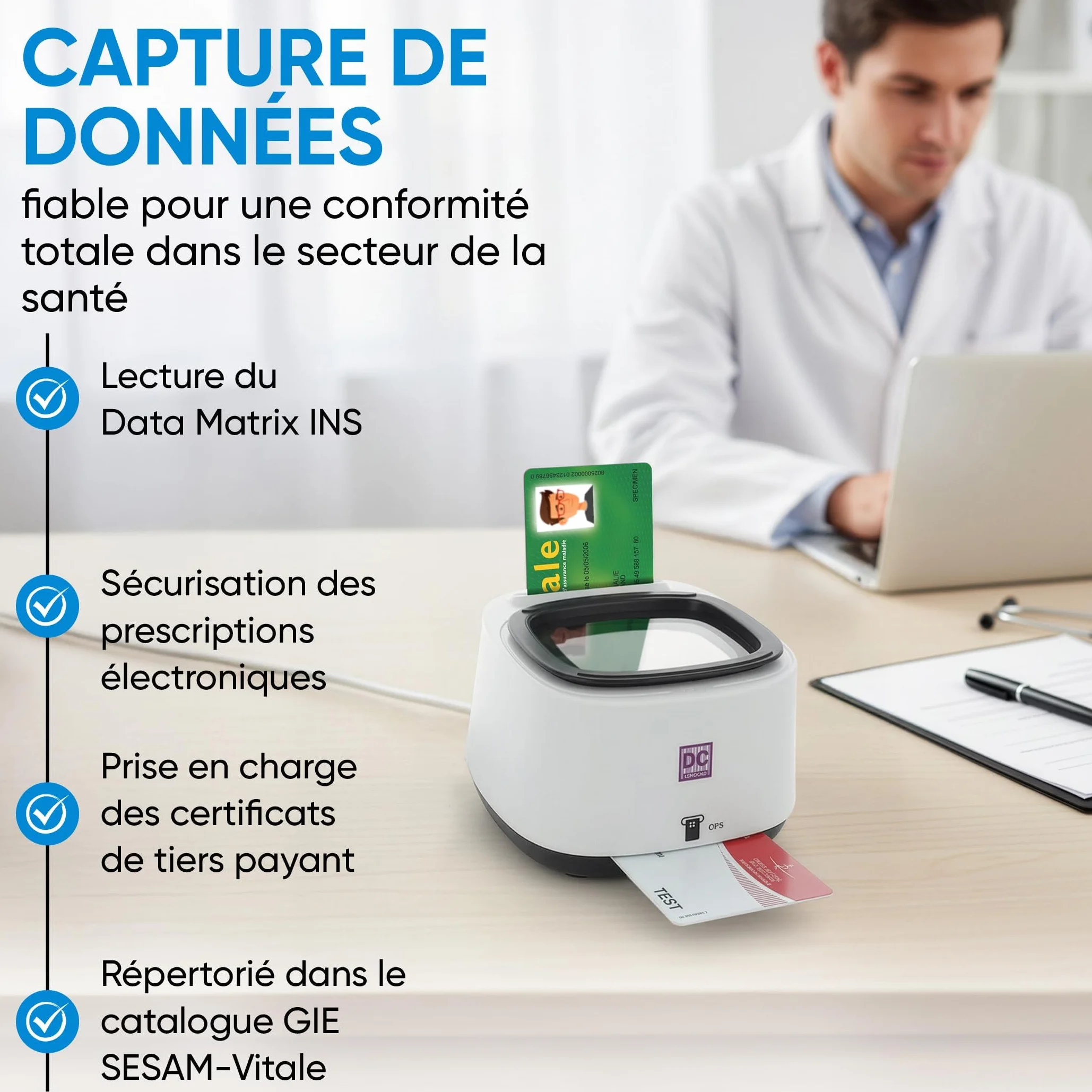 DC300 Pro Lecteur 4 en 1 QRCODE NFC 2 Fentes Carte Vitale et CPS Sesam Vitale USB Windows