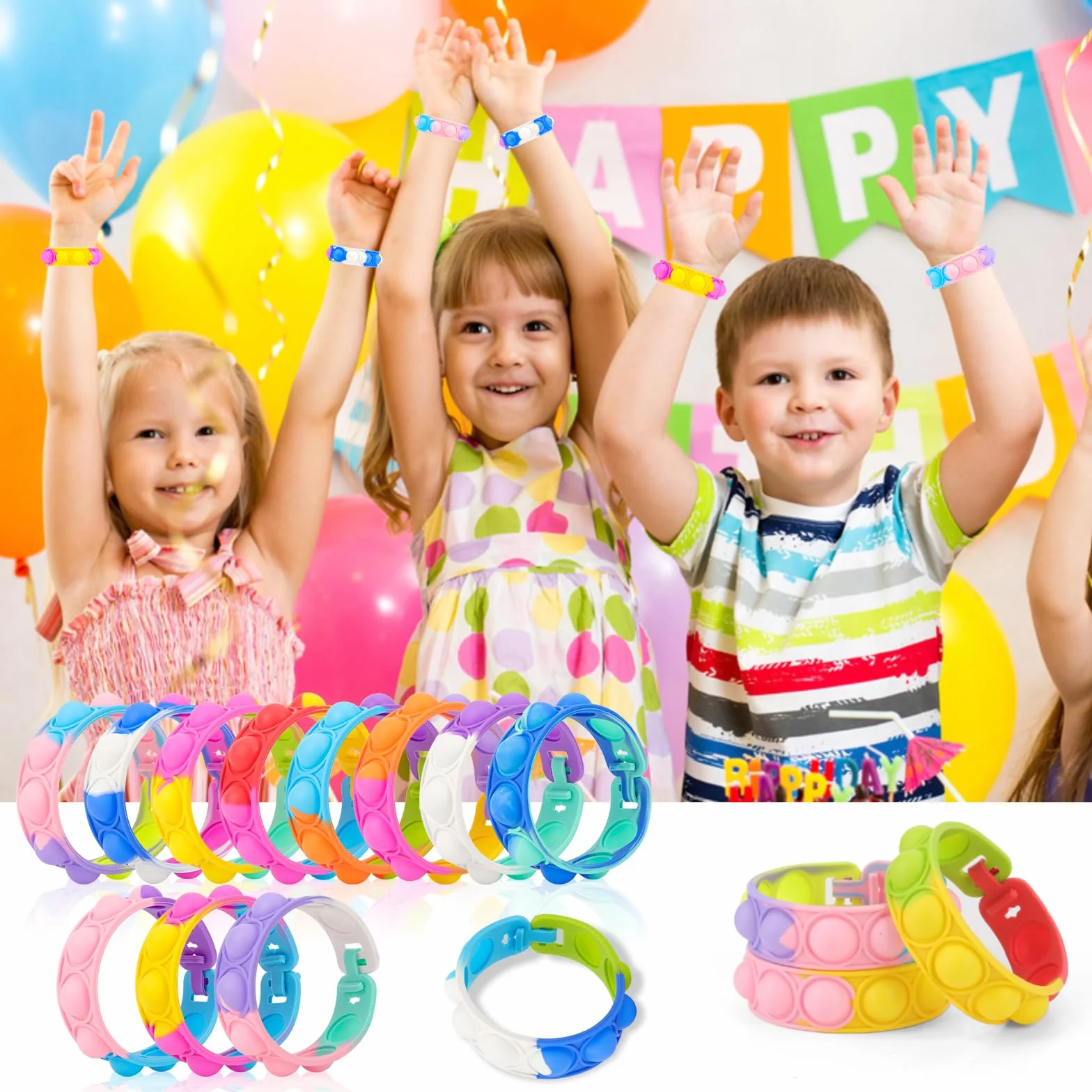Bracelet Enfants Réglable en Silicone Doux, 30 Pièces, 15 Couleurs, Cadeau Anniversaire