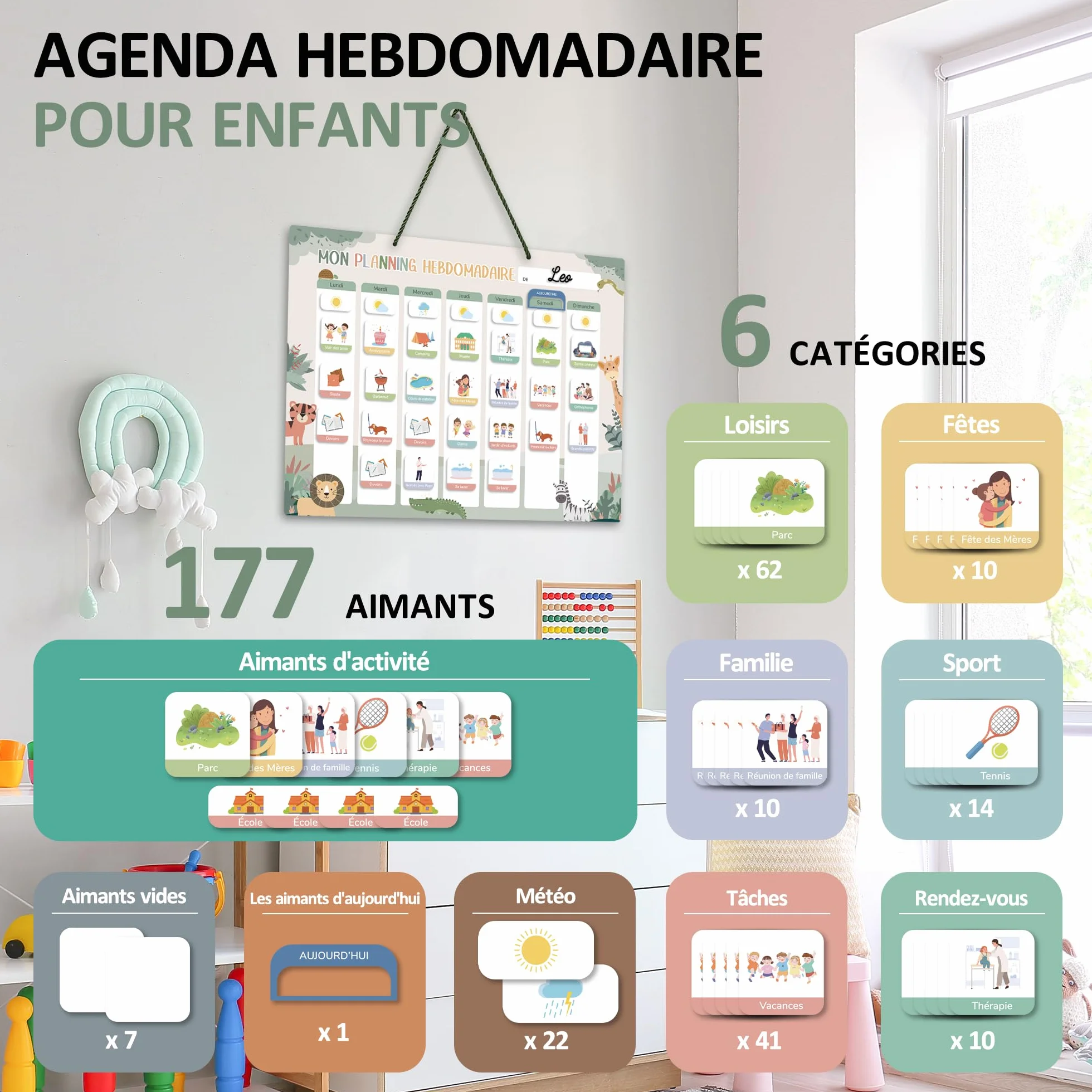 Planning de Semainier Enfant Montessori 42x32 cm avec 177 Aimants - Tableau de Récompense Effaçable et Réutilisable