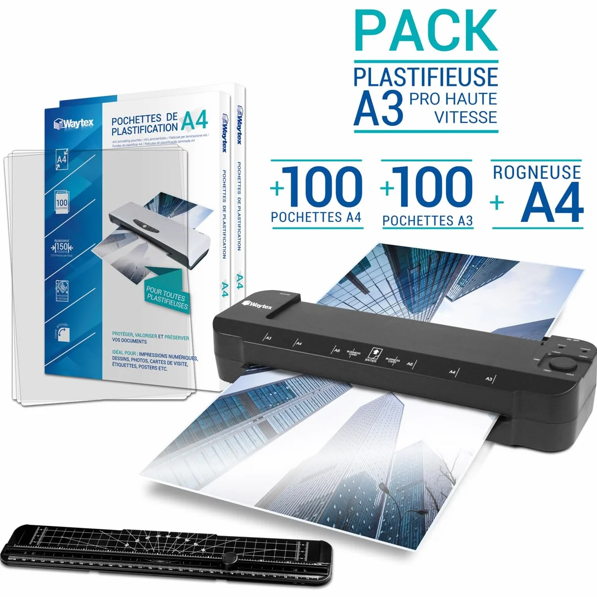 Plastifieuse A3 A4 A5 A6 A7 Pro Ultra Rapide Chaud Froid 2x150 microns Température Réglable Usage Professionnel Pack 200 Pochettes A4 A3 Rogneuse