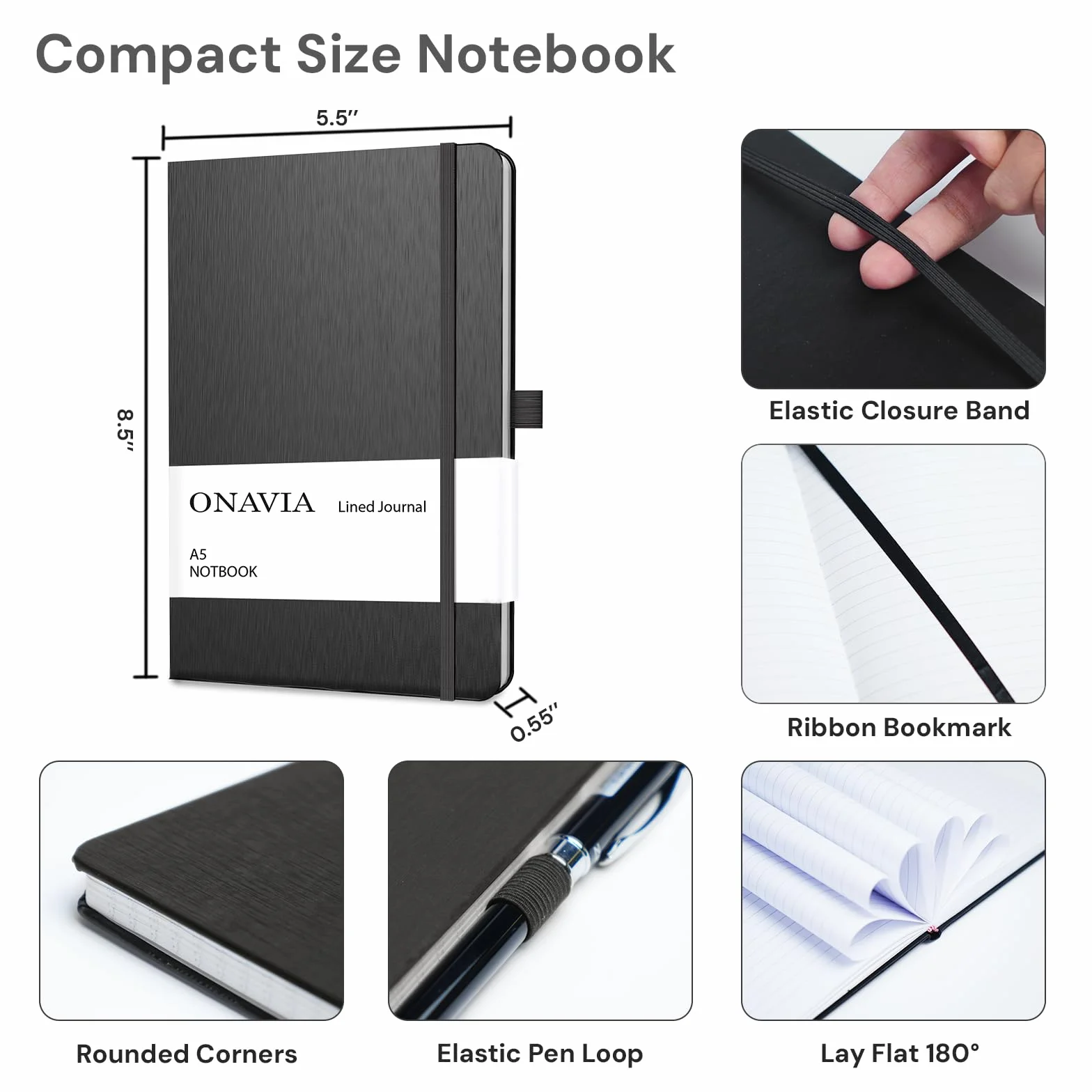 ONAVIA Carnet de Notes A5 Classique Papier Ligné Couverture Rigide Fermeture Elastique 160 Pages 80 g/m² Noir