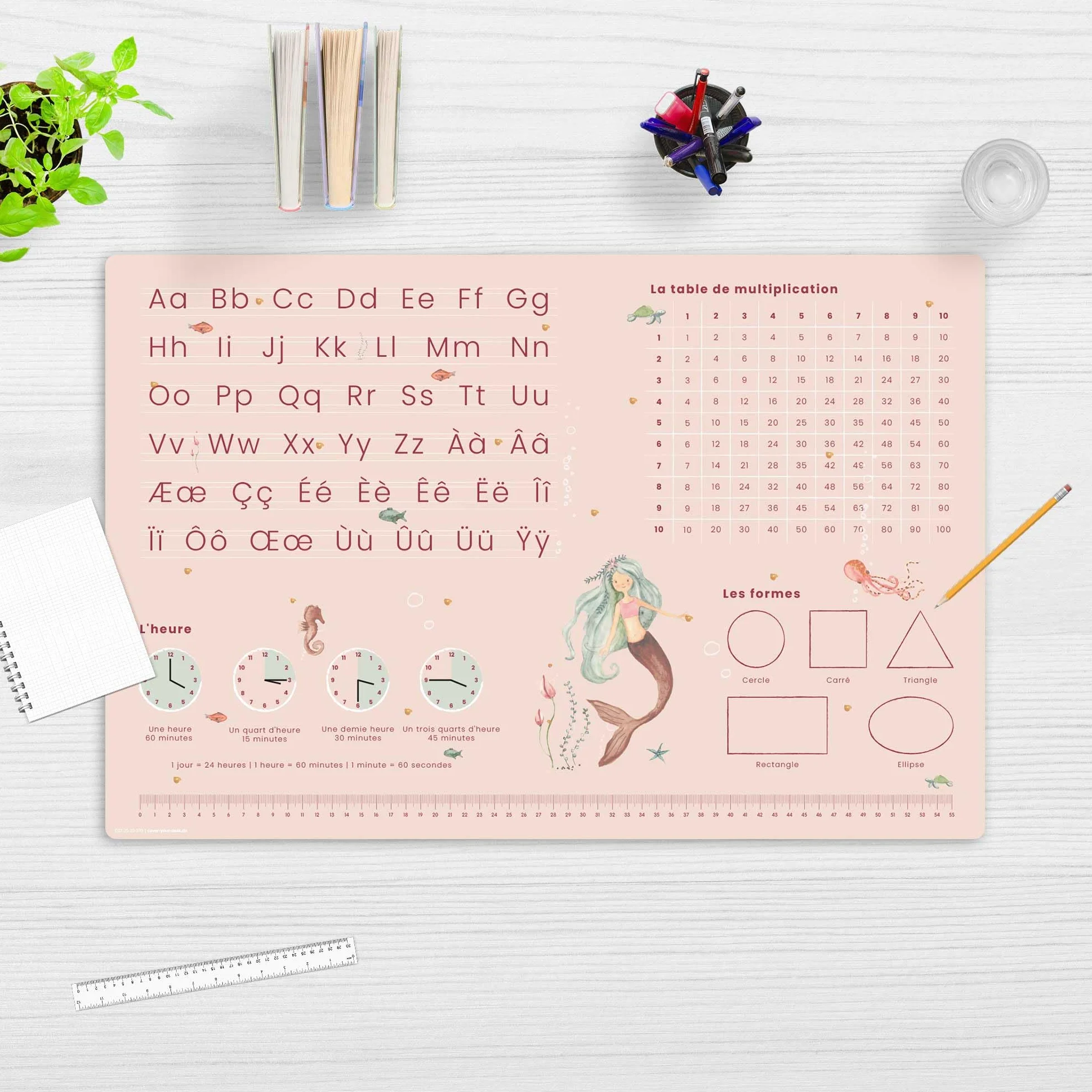 Sous-main pour bureau enfants tapis d'apprentissage français sirène ABC 60 x 40 cm vinyle essuyable Allemagne