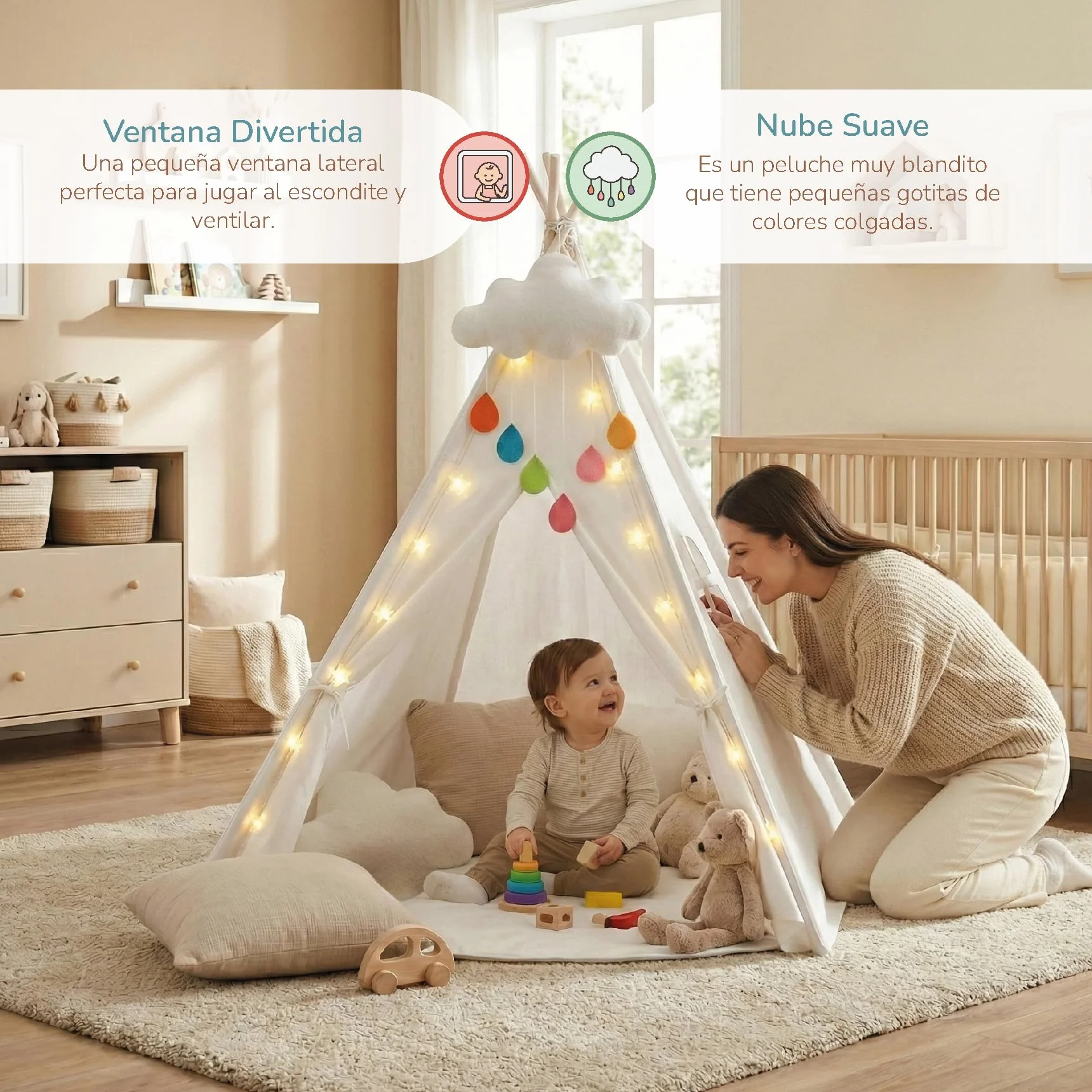 Buddy Baby Tipi Tente lit bébé avec lumières étoile et peluche nuage – Tapis sol rembourré jeu intérieur extérieur