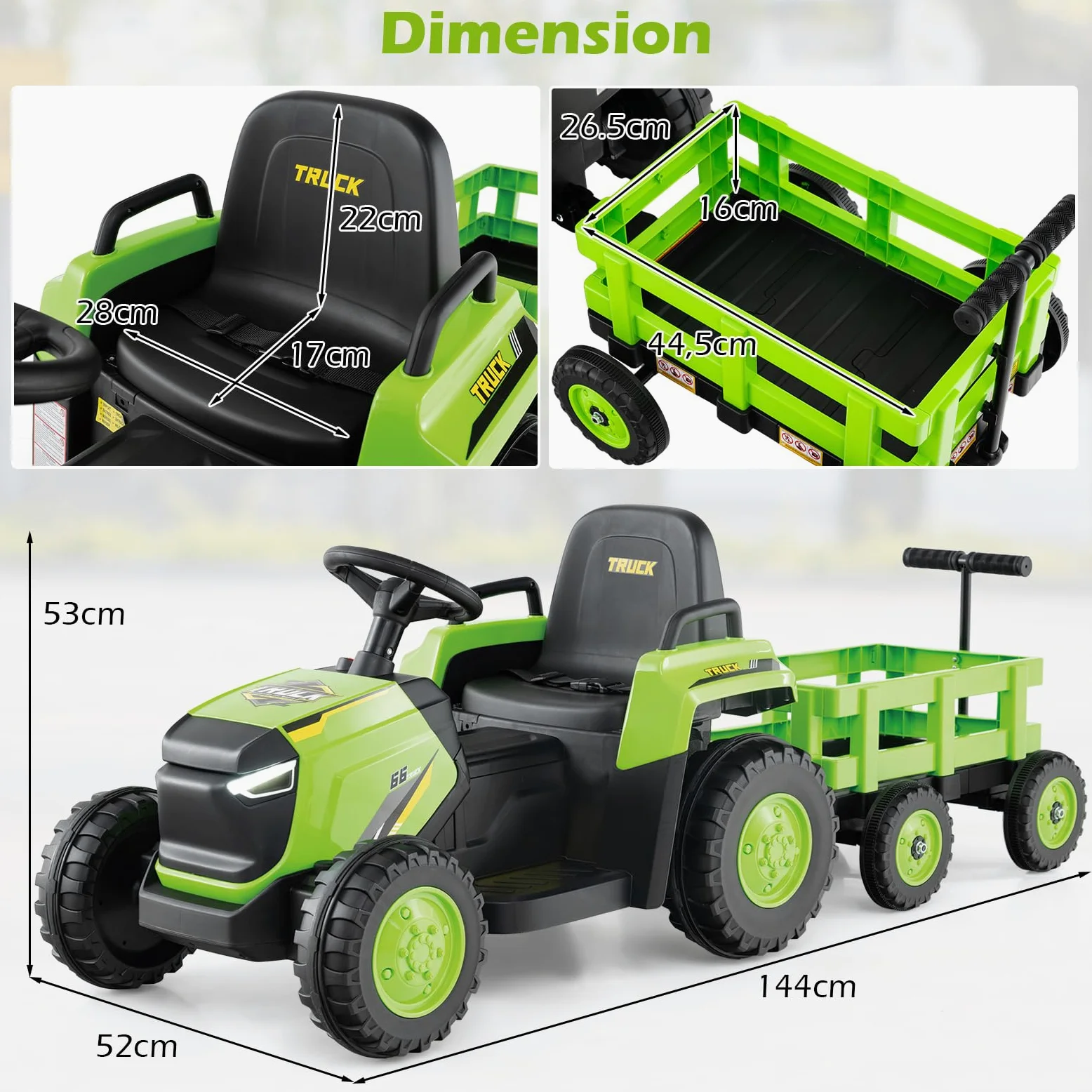 COSTWAY 12V Tracteur Électrique Enfant avec Remorque Amovible, Voiture Électrique Enfant avec Télécommande & Phares LED, Klaxon, Musique, 1,6-4 km/h, Charge 30 kg pour 37-95 Mois (Vert)