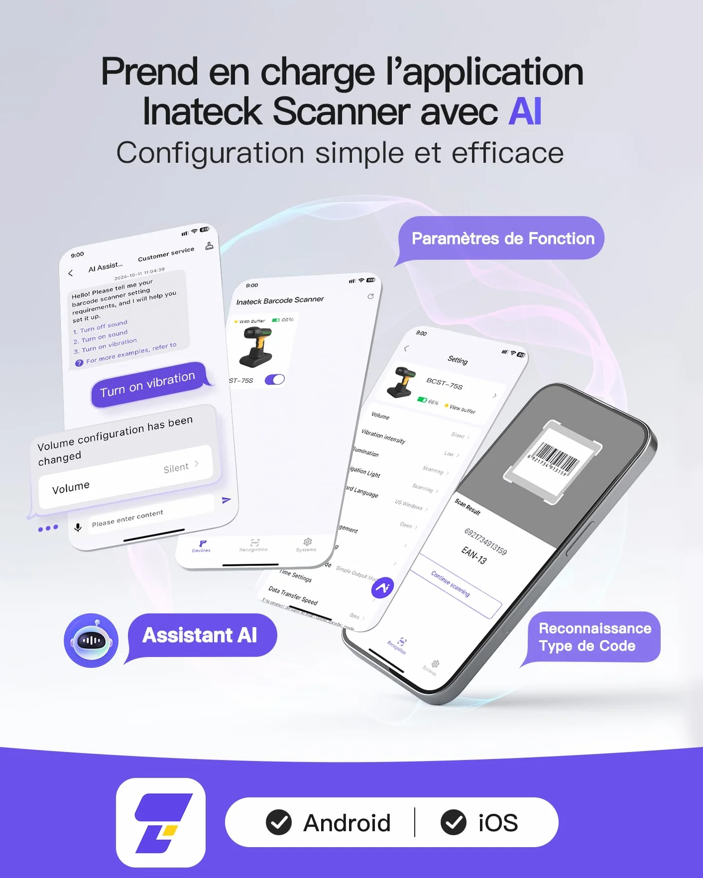 Inateck Lecteur Code Barre sans Fil 1D 2D QR IP67 2600mAh BCST-75S