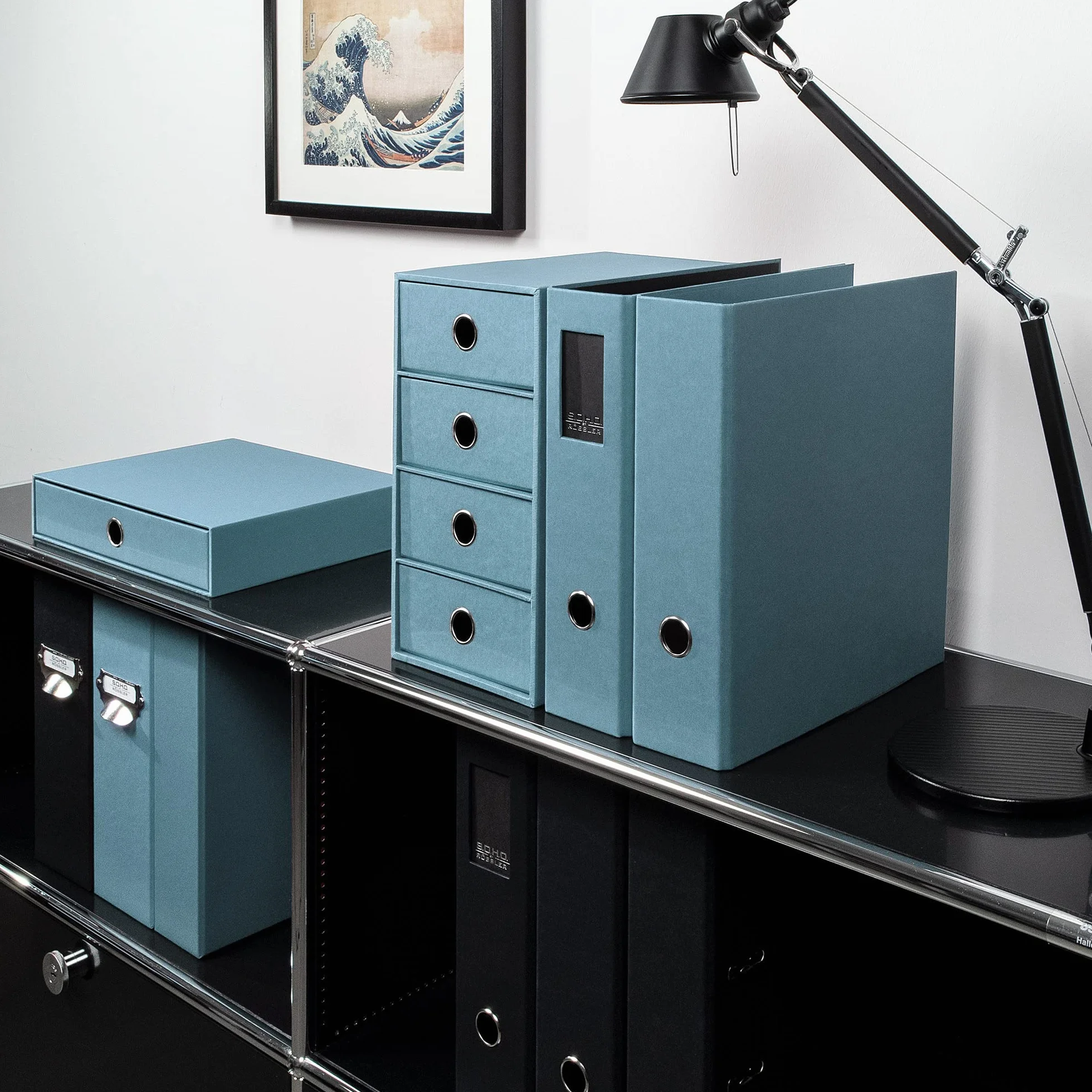 Rössler Boîte de rangement avec trou de préhension Bleu denim Format A4