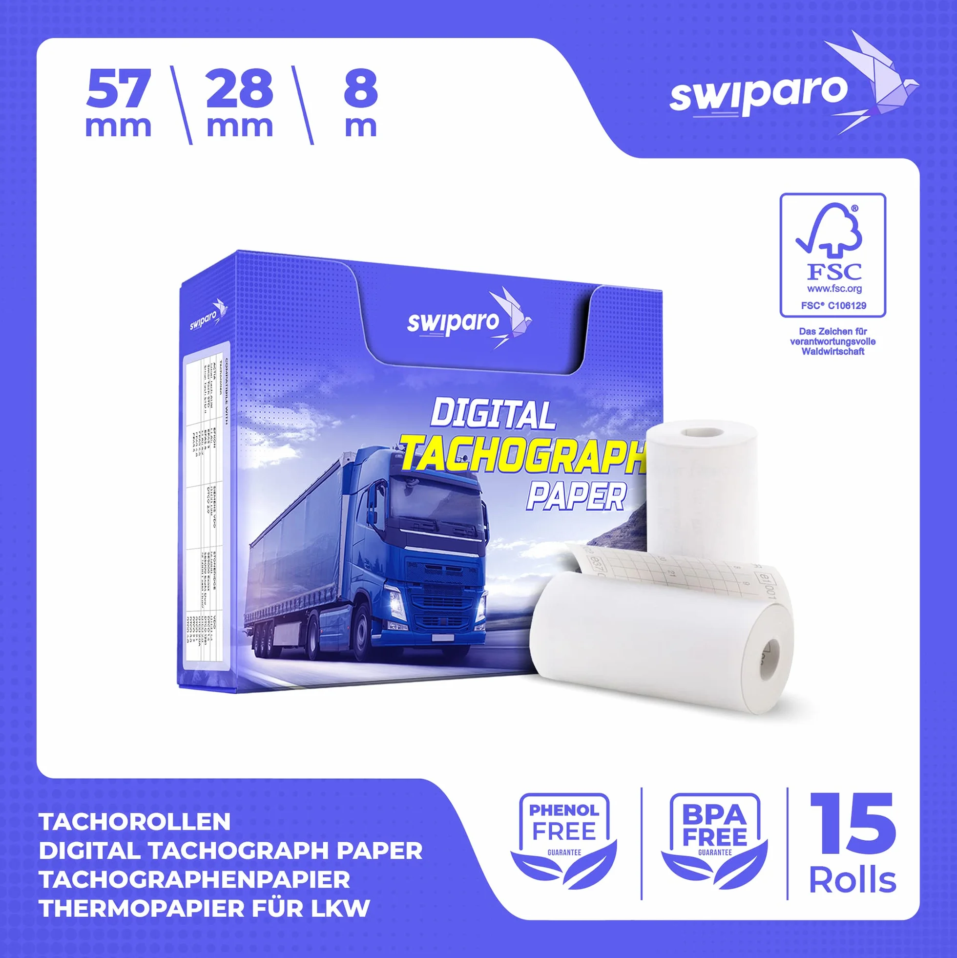 Papier thermique pour tachygraphes numériques de camion - Rouleaux certifiés 57/8 mm (15 pièces)