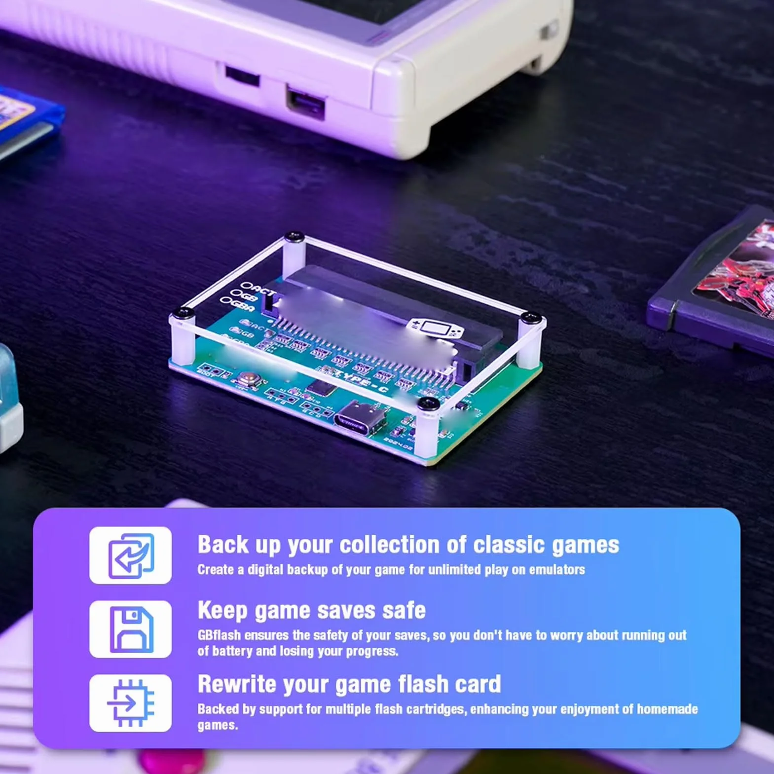 Diyeeni Lecteur de Graveur de Cartes de Jeu, Outil de Sauvegarde ROM USB pour Cartouches Gameboy GBC avec Câble Type C