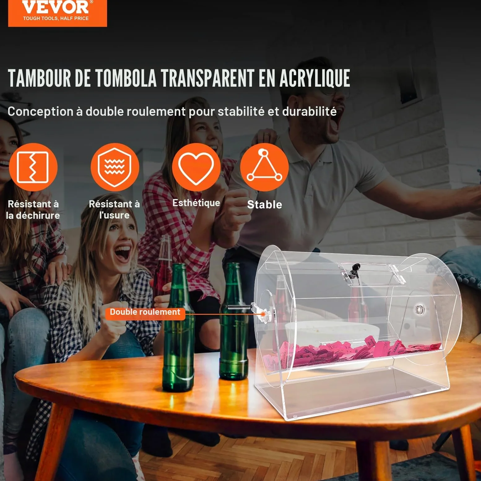 VEVOR Tambour de Tombola Loterie Loto en Acrylique, Capacité 10000 Billets ou 300 Balles, Cage pour Jeu de Bingo Transparente, avec 2 Clés, 565 x 1450 mm, pour Vote Événement Fête Salon Rassemblement