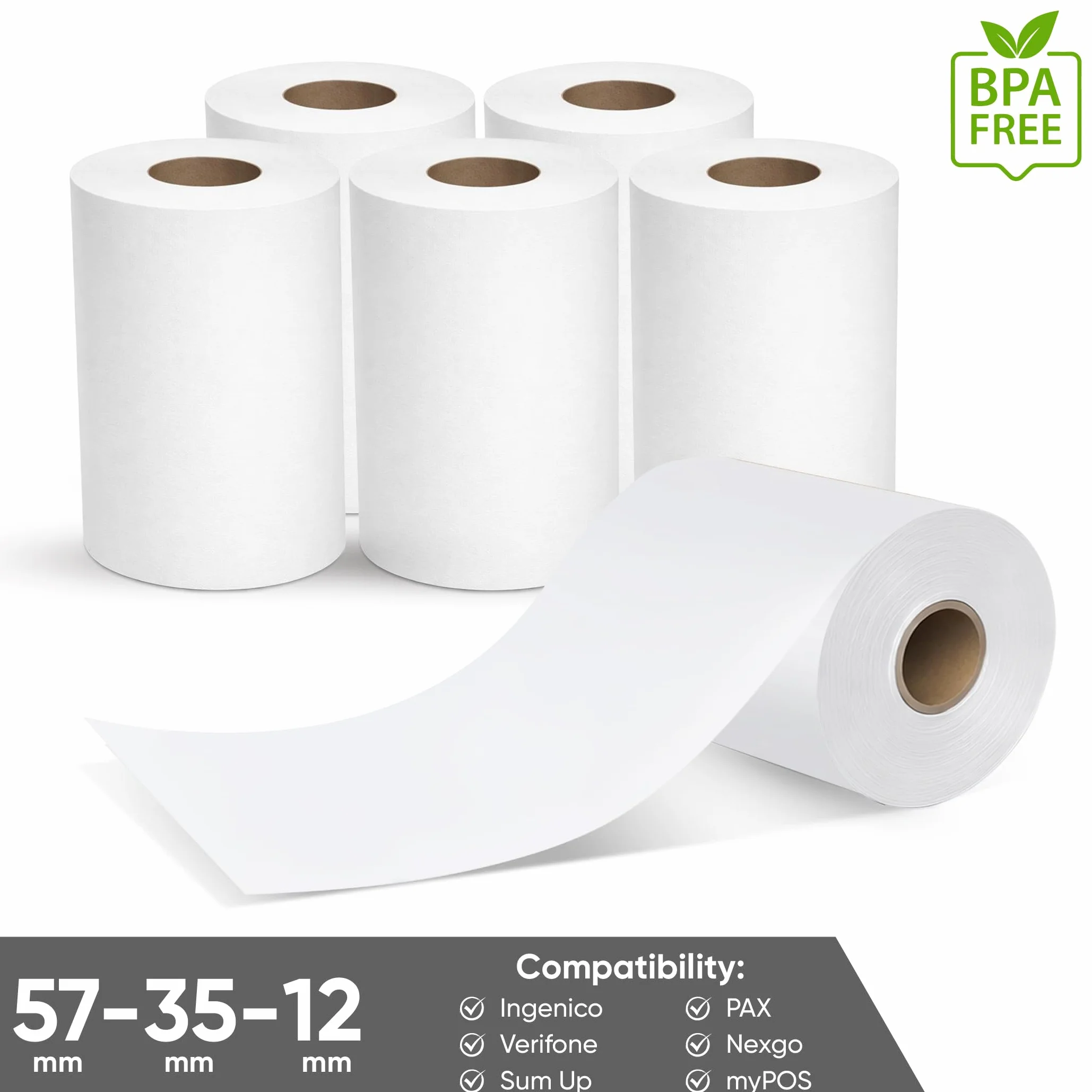 Rouleaux Papier Thermique Sans BPA 57x35x12 mm (18 m) Compatibles Ingenico Verifone SumUp PAX Nexgo myPOS