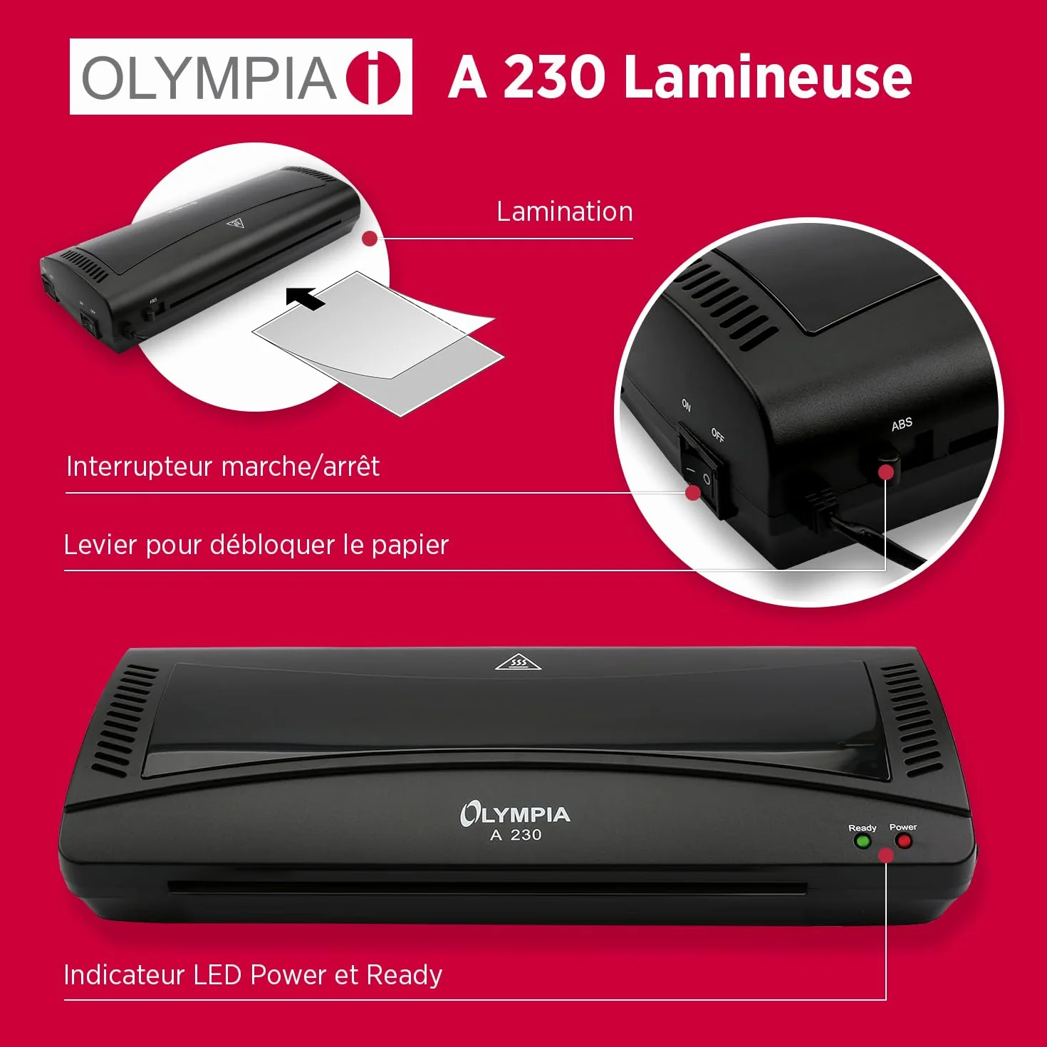 Olympia Plastifieuse A4 4 en 1 avec arrondisseur d'angle, coupe-papier et films de plastification