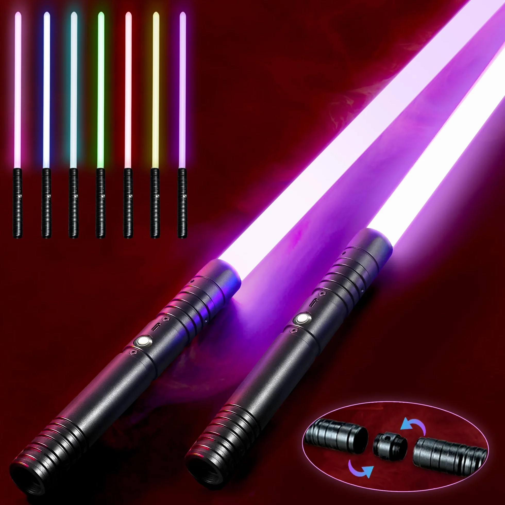Sabre Laser Enfants Adultes Lot de 2 Épée Laser Double Lame 15 Couleurs Effets Sonores Rechargeable USB Manche Métal Noir