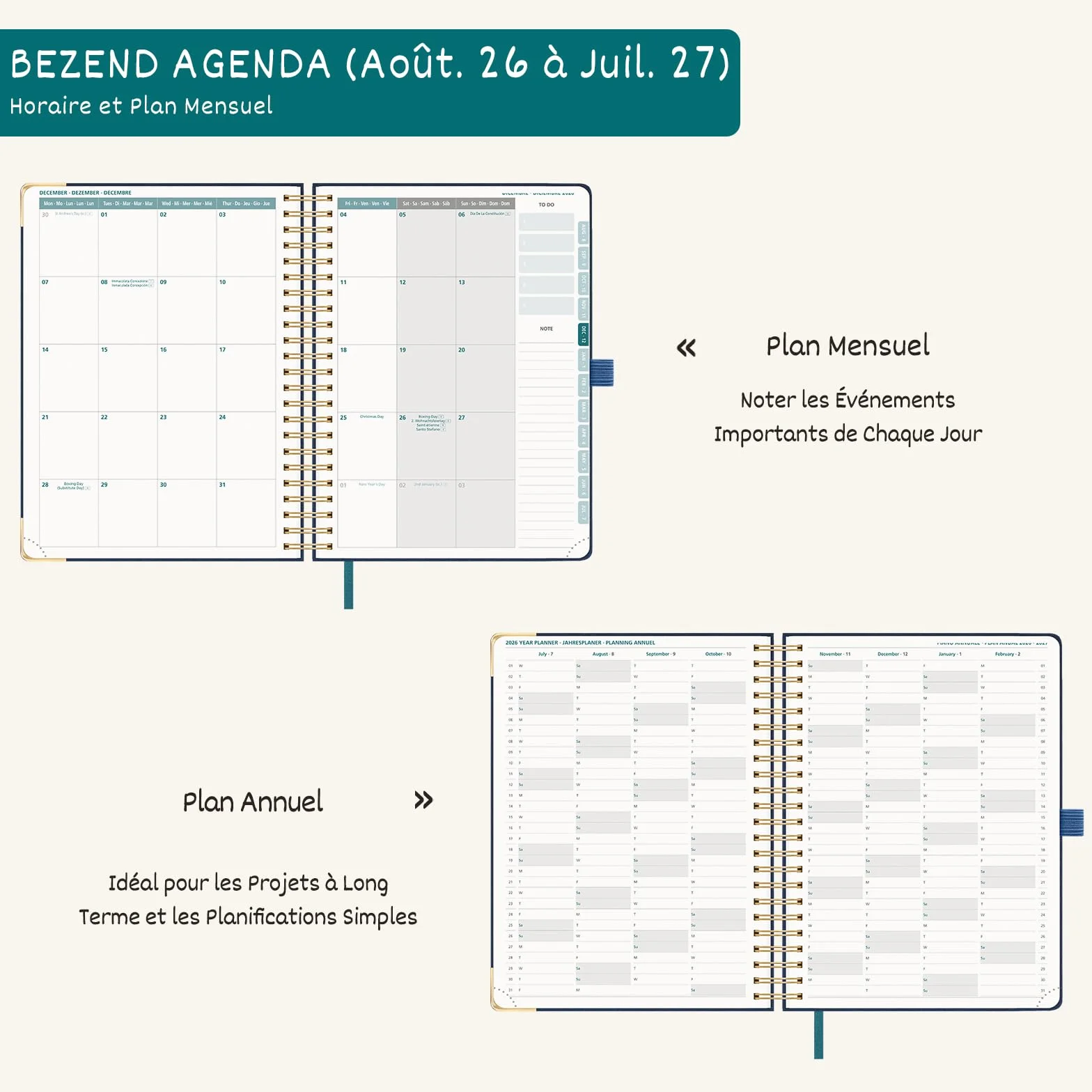 BEZEND Agenda Scolaire 2026-2027 A4 Journalier Spirale 28x22 cm 12 Mois Protège-coins Métal Dorés Couverture Rigide Cuir PU Rose