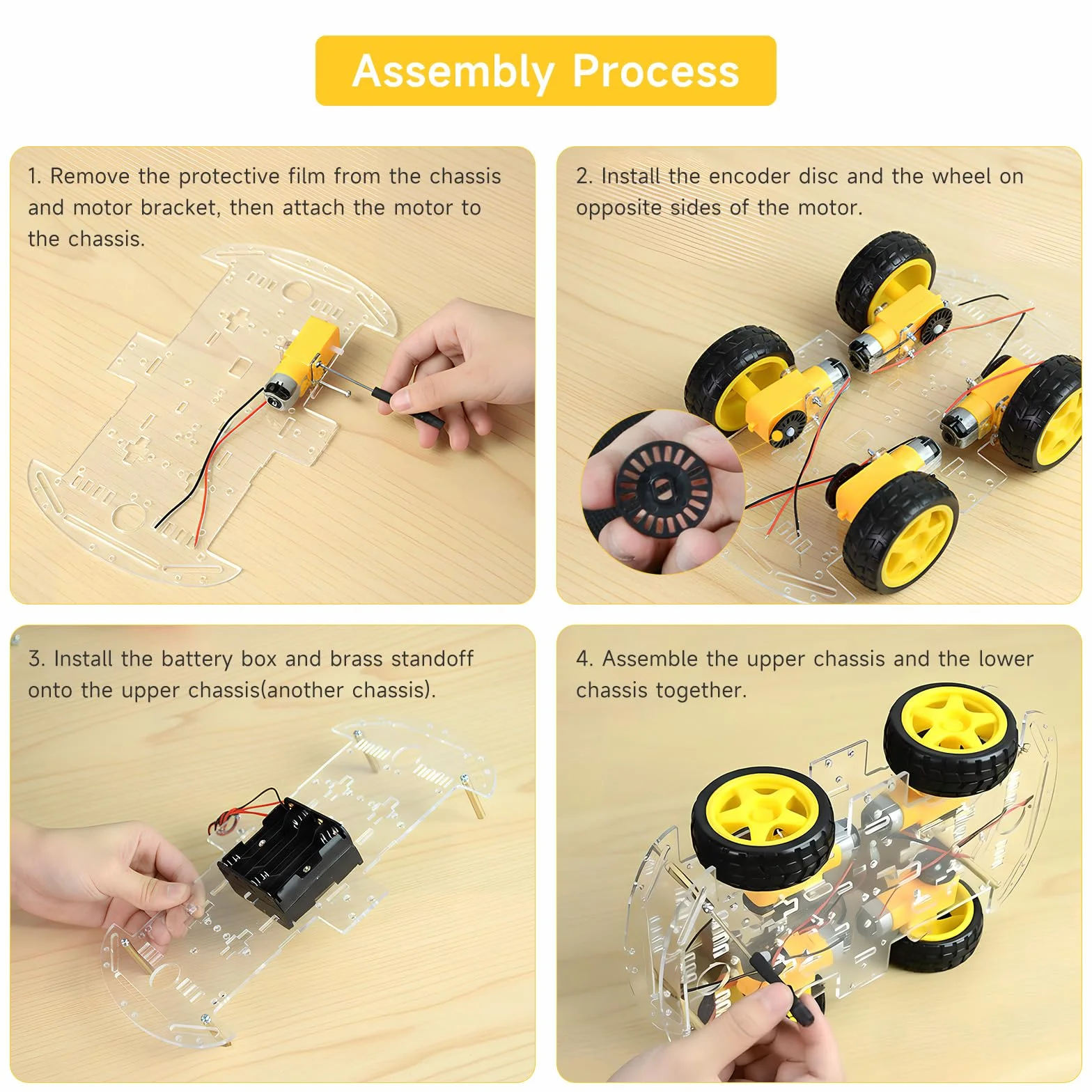 Kit de châssis robot 4WD avec moteur TT, châssis acrylique, 4 roues pour Arduino