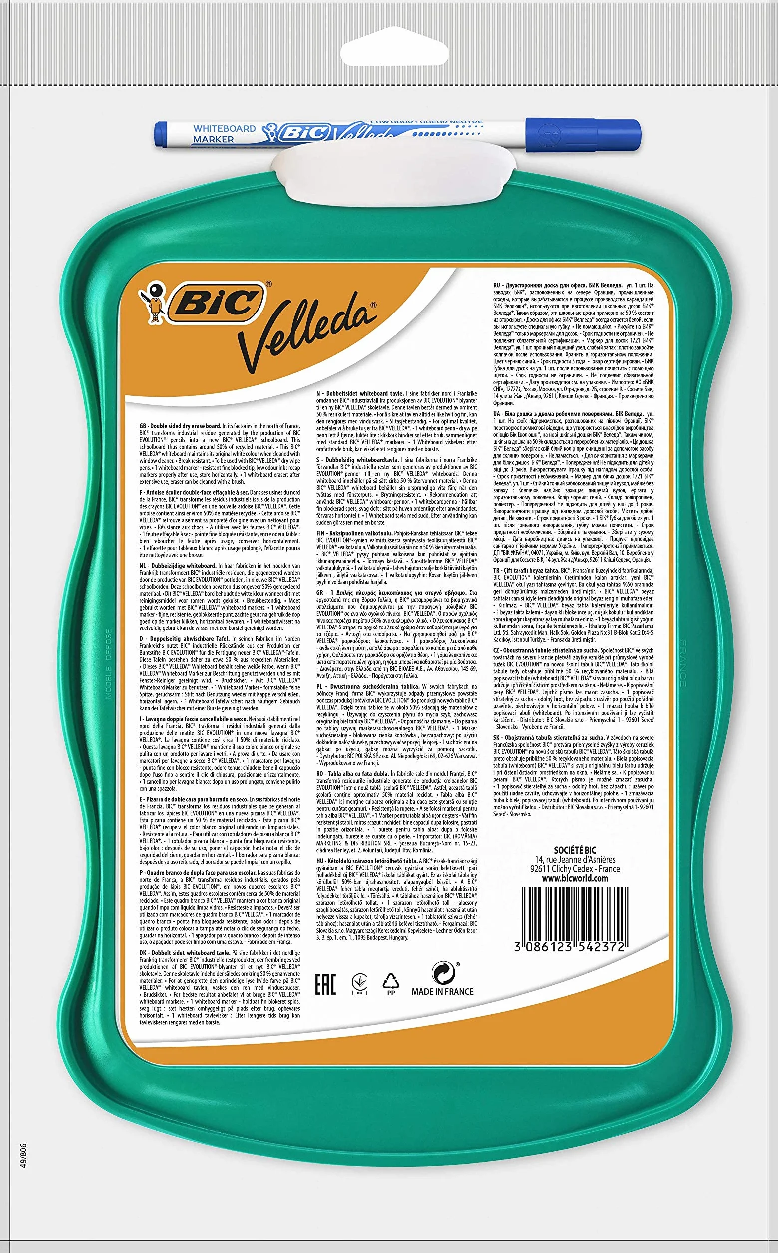 BIC Velleda Ardoise Ecolier Double Face 21x31 cm Effaçable à Sec avec Feutre Bleu et Effacette - Verte